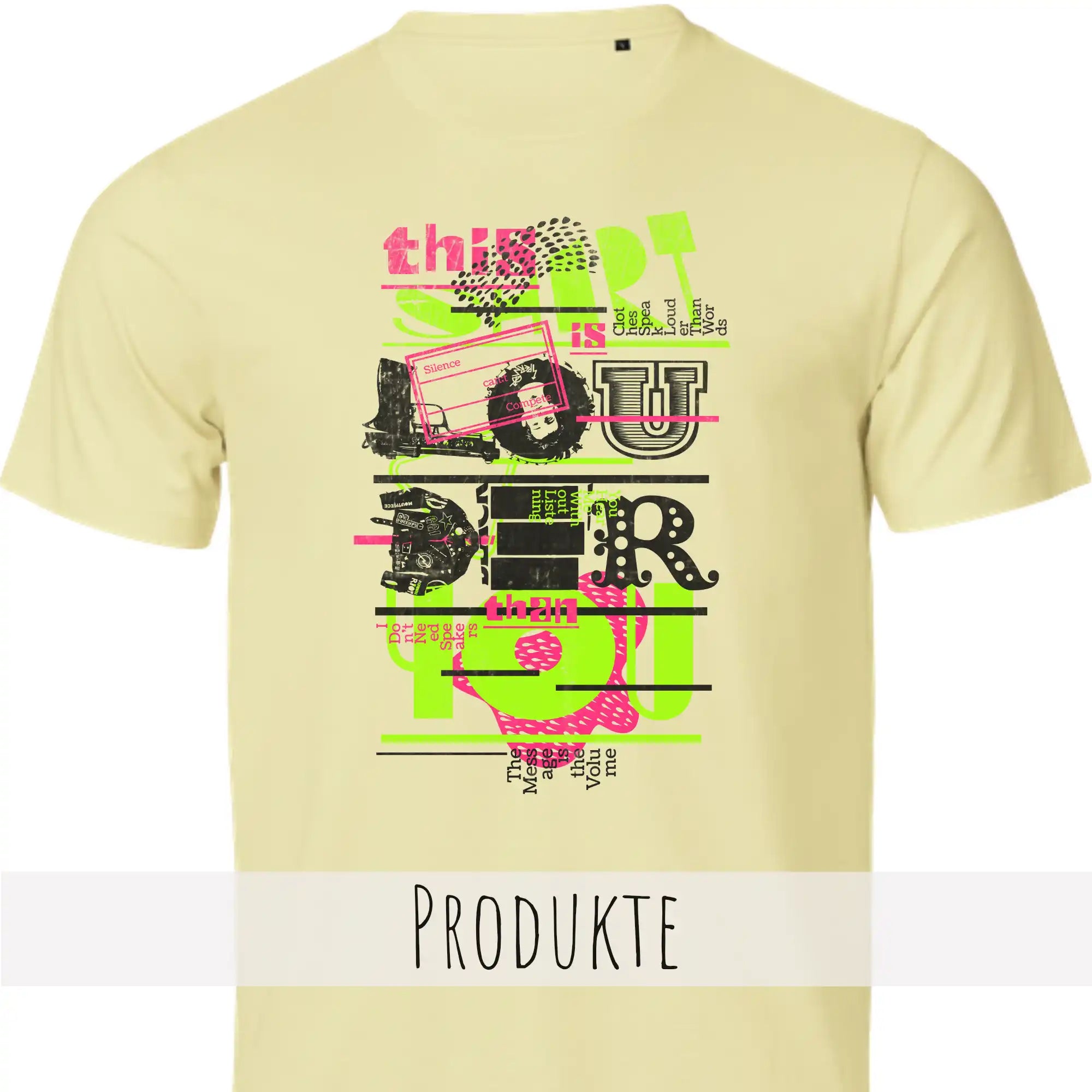 Das Design ist eine expressive typografische Collage mit urbanem, experimentellem Charakter. Knallige Farben wie Grün und Pink kontrastieren stark mit Schwarz auf der Textilfarbe. 