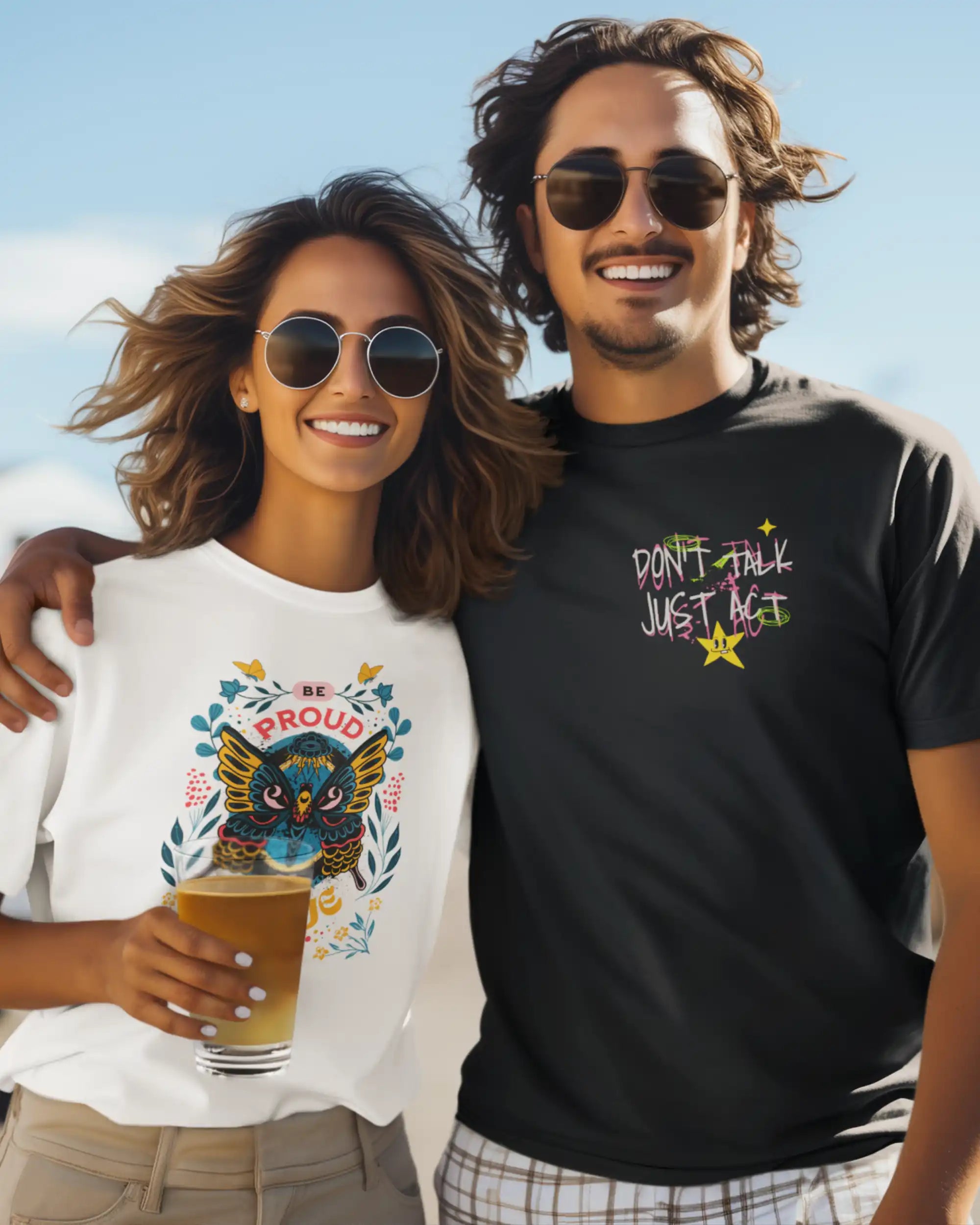 Das Bild zeigt eine Frau und einen Mann, die jeweils ein Design-T-Shirt tragen.