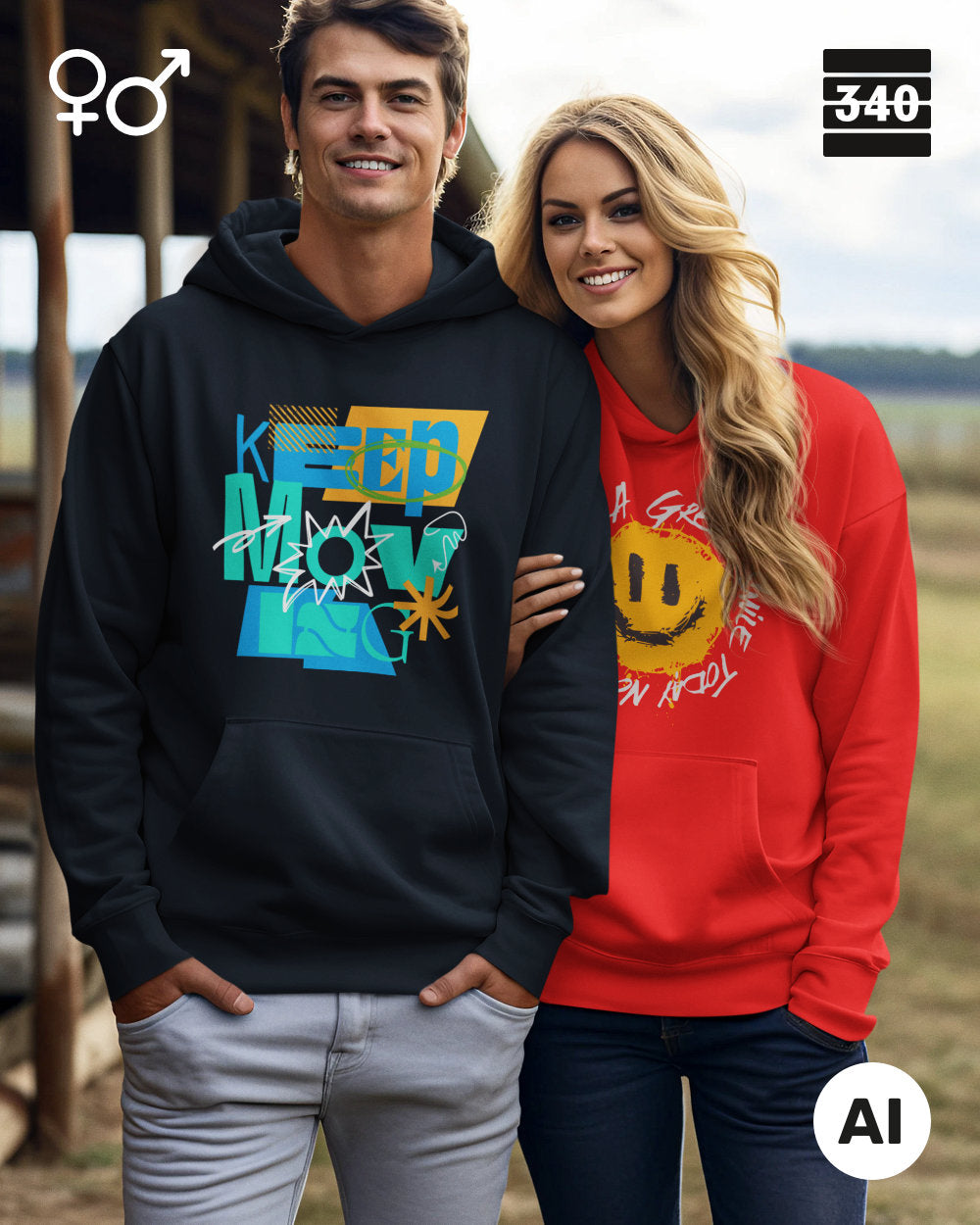 Frau und Mann tragen jeweils einen Oversize design hoodie.