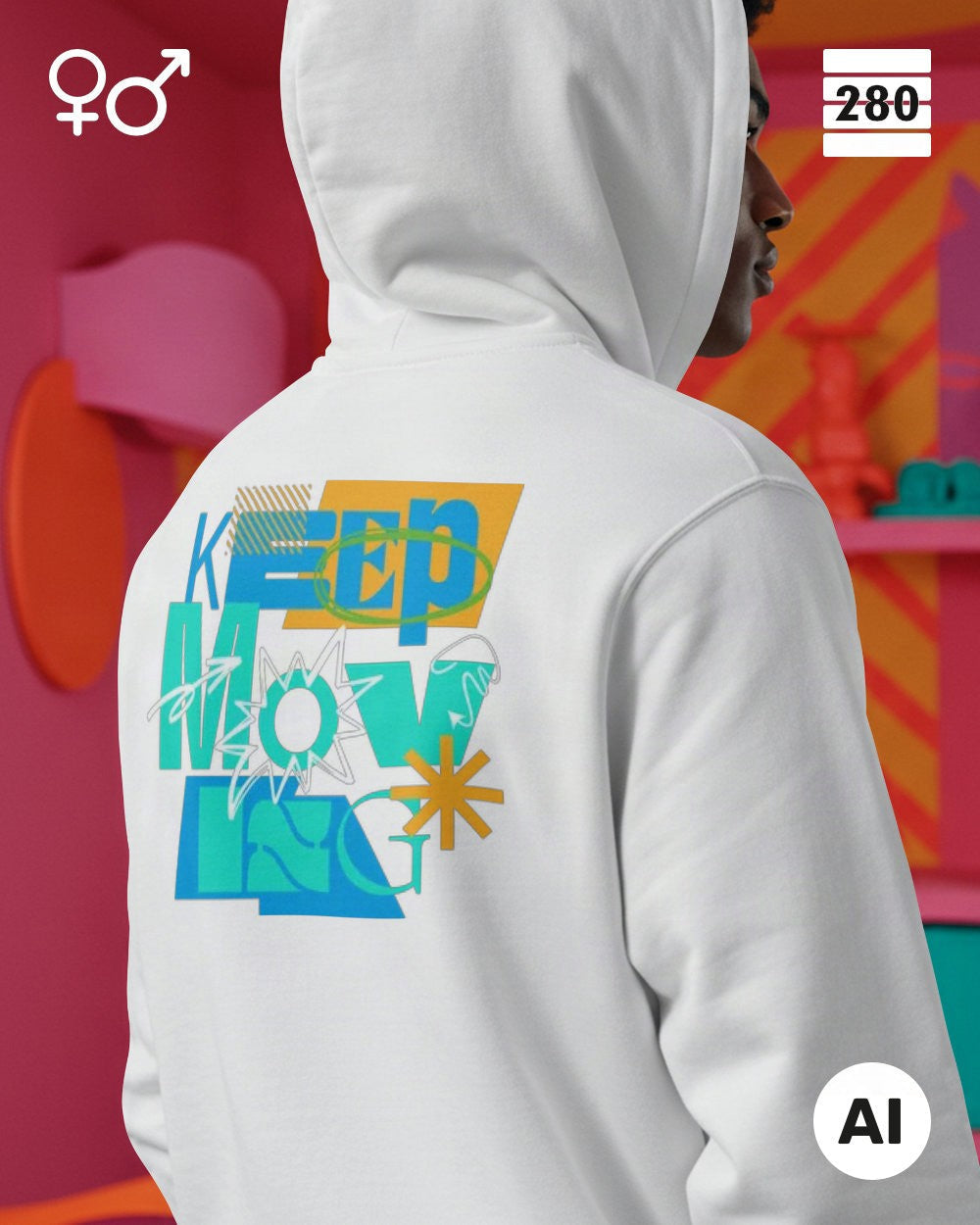 Das Bild zeigt einen Mann, der einen Unisex Hoodie in arctic white mit dem Design keep moving trägt.