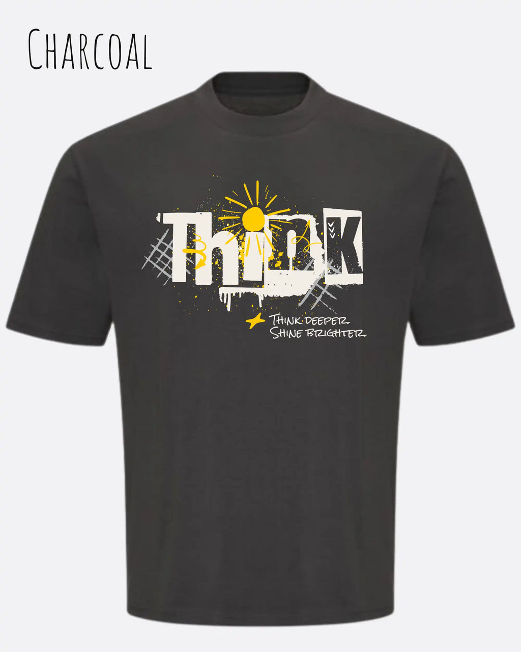 die Abbildung zeigt ein heavyweight oversized design-t-shirt awdis 240 t in der farbe charcoal mit dem motiv think.