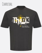 die Abbildung zeigt ein heavyweight oversized design-t-shirt awdis 240 t in der farbe charcoal mit dem motiv think.