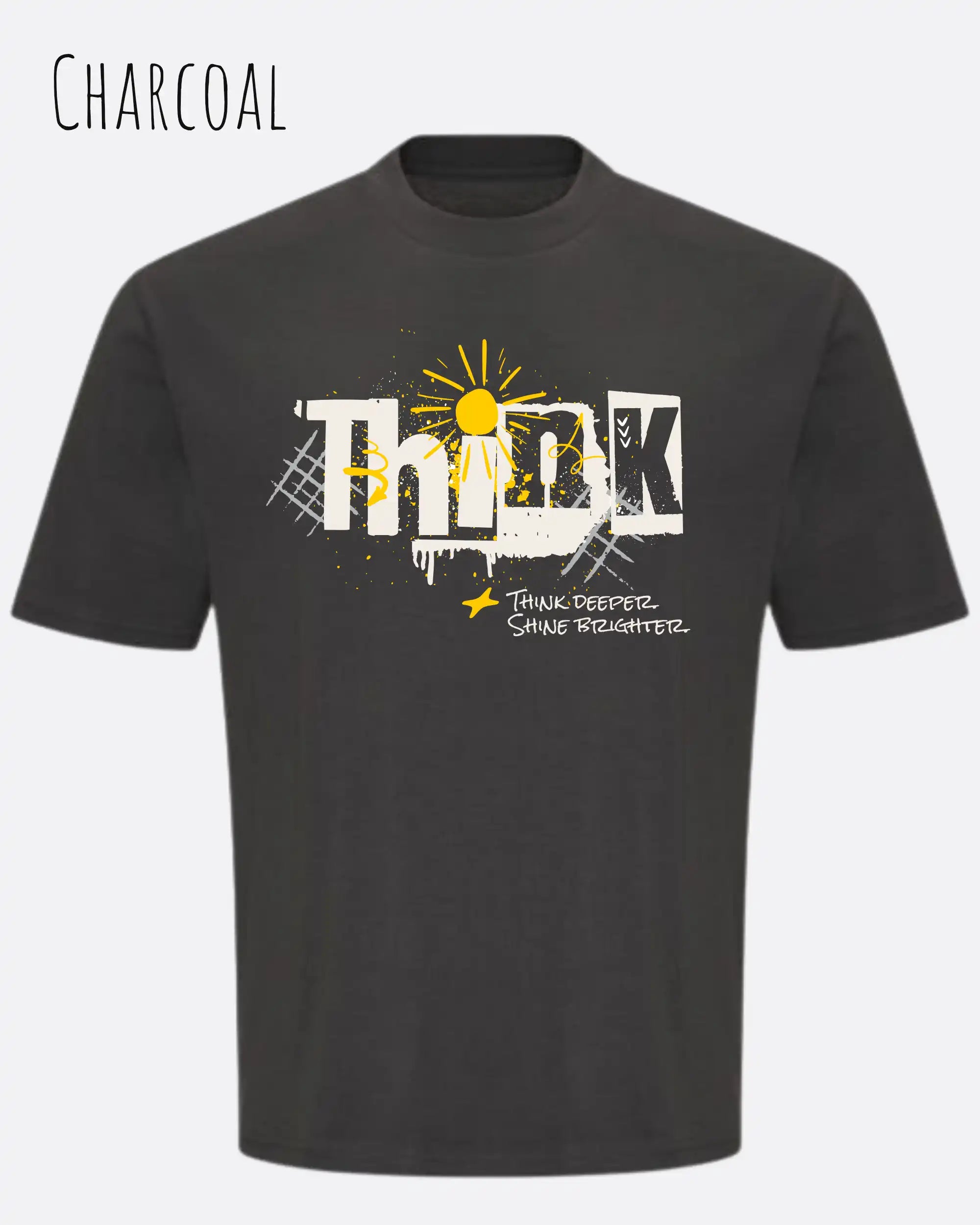 die Abbildung zeigt ein heavyweight oversized design-t-shirt awdis 240 t in der farbe charcoal mit dem motiv think.