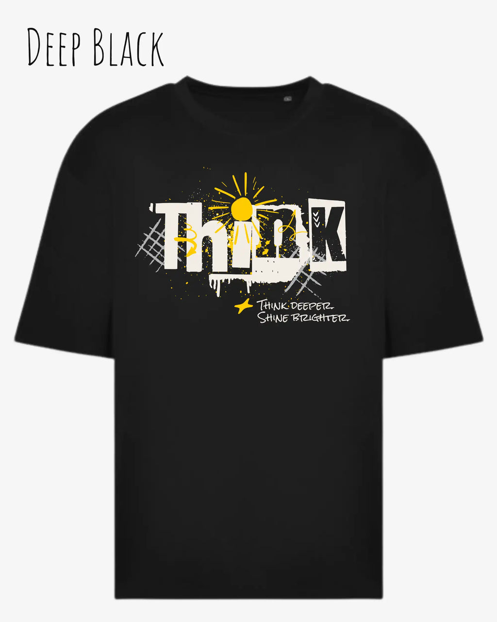 die Abbildung zeigt ein heavyweight oversized design-t-shirt awdis 240 t in der farbe deep black mit dem motiv think.