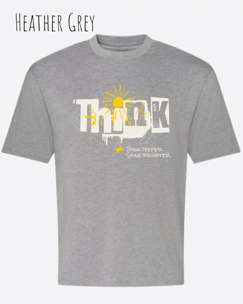 die Abbildung zeigt ein heavyweight oversized design-t-shirt awdis 240 t in der farbe heather grey mit dem motiv think.