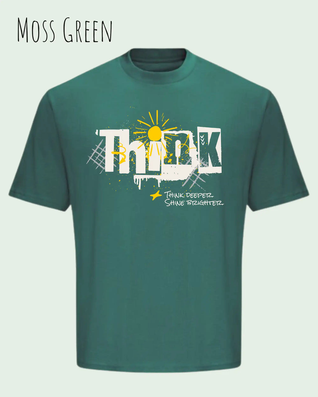 die Abbildung zeigt ein heavyweight oversized design-t-shirt awdis 240 t in der farbe moss green mit dem motiv think.