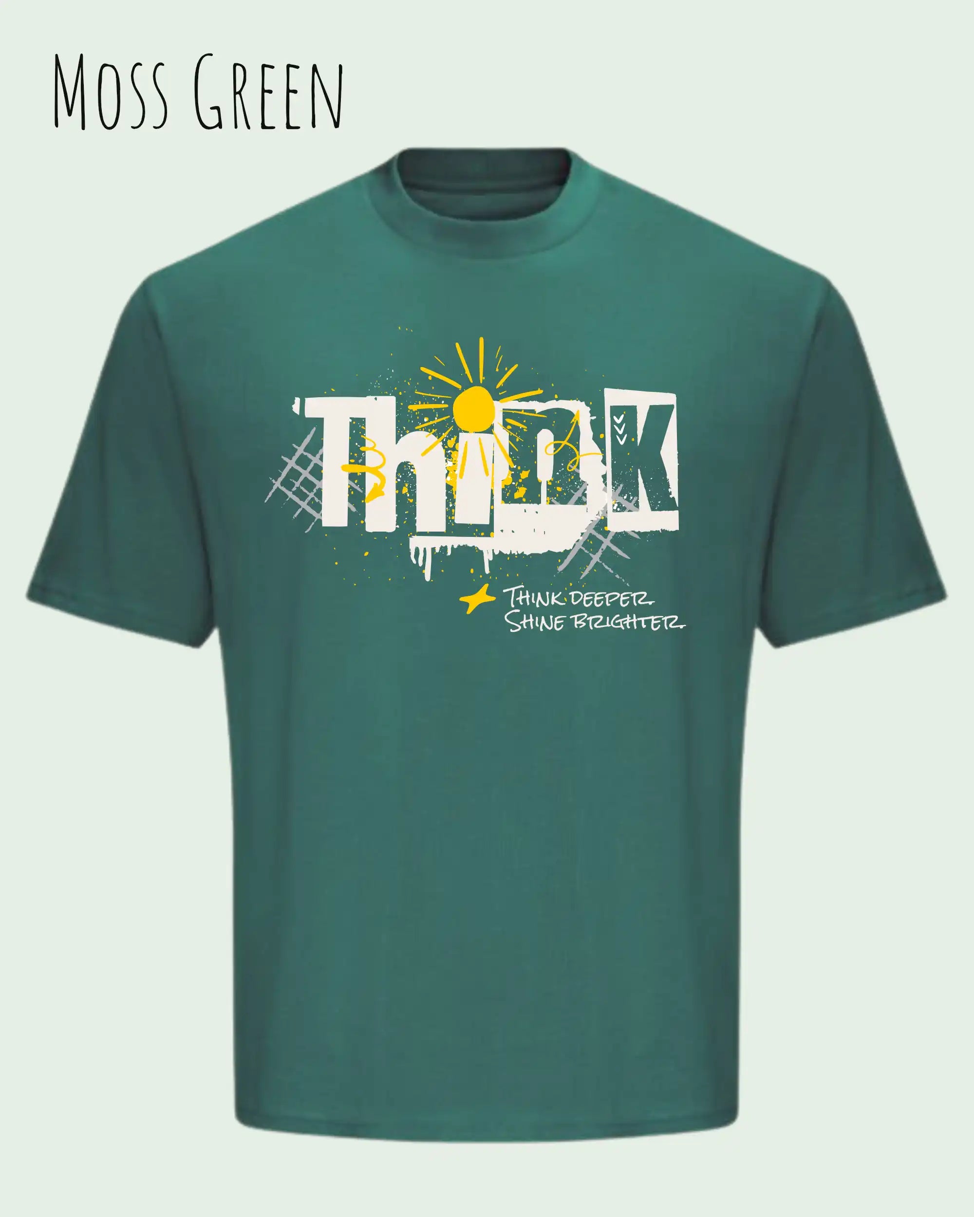 die Abbildung zeigt ein heavyweight oversized design-t-shirt awdis 240 t in der farbe moss green mit dem motiv think.