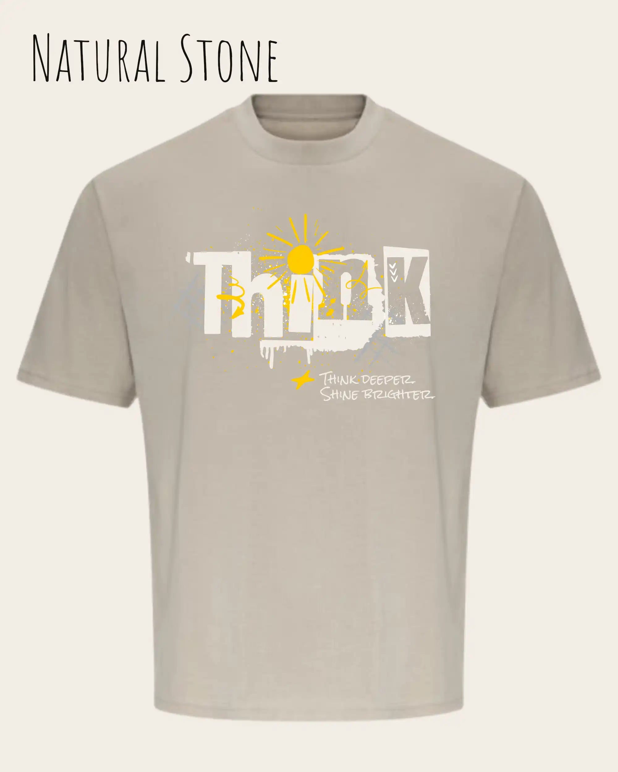 die Abbildung zeigt ein heavyweight oversized design-t-shirt awdis 240 t in der farbe natural stone mit dem motiv think.