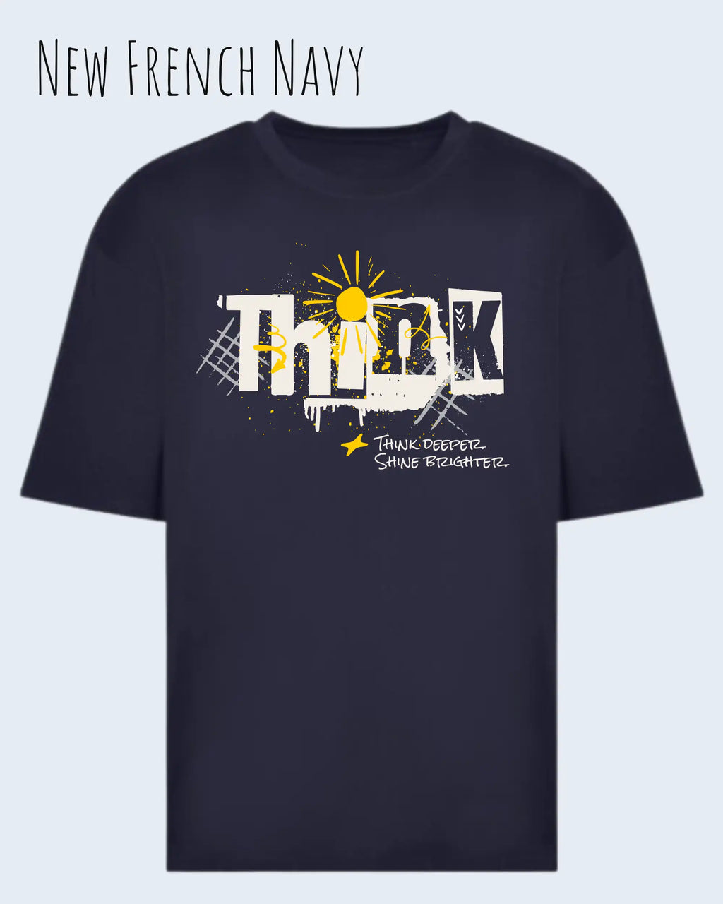 die Abbildung zeigt ein heavyweight oversized design-t-shirt awdis 240 t in der farbe new feench navy mit dem motiv think.