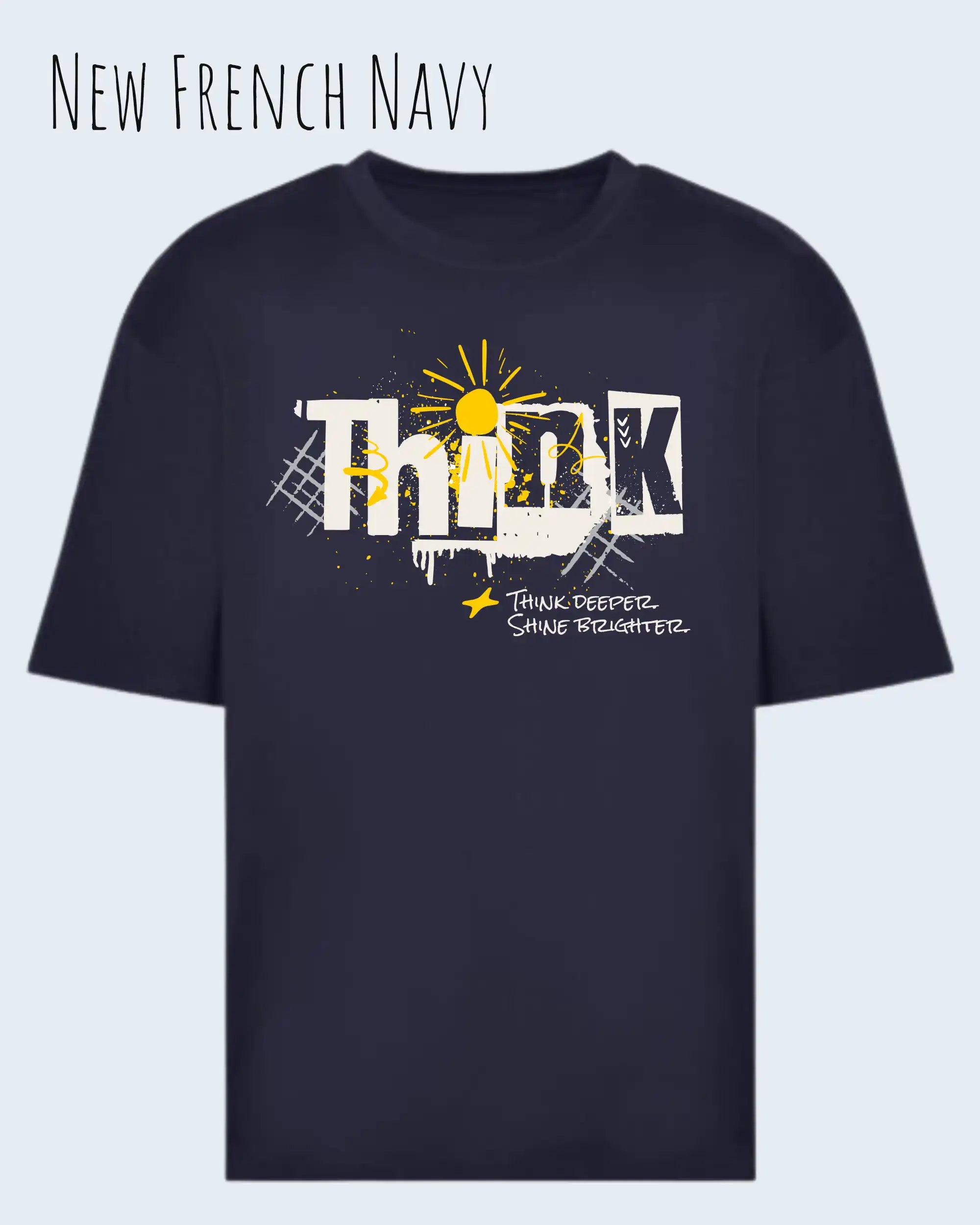 die Abbildung zeigt ein heavyweight oversized design-t-shirt awdis 240 t in der farbe new feench navy mit dem motiv think.