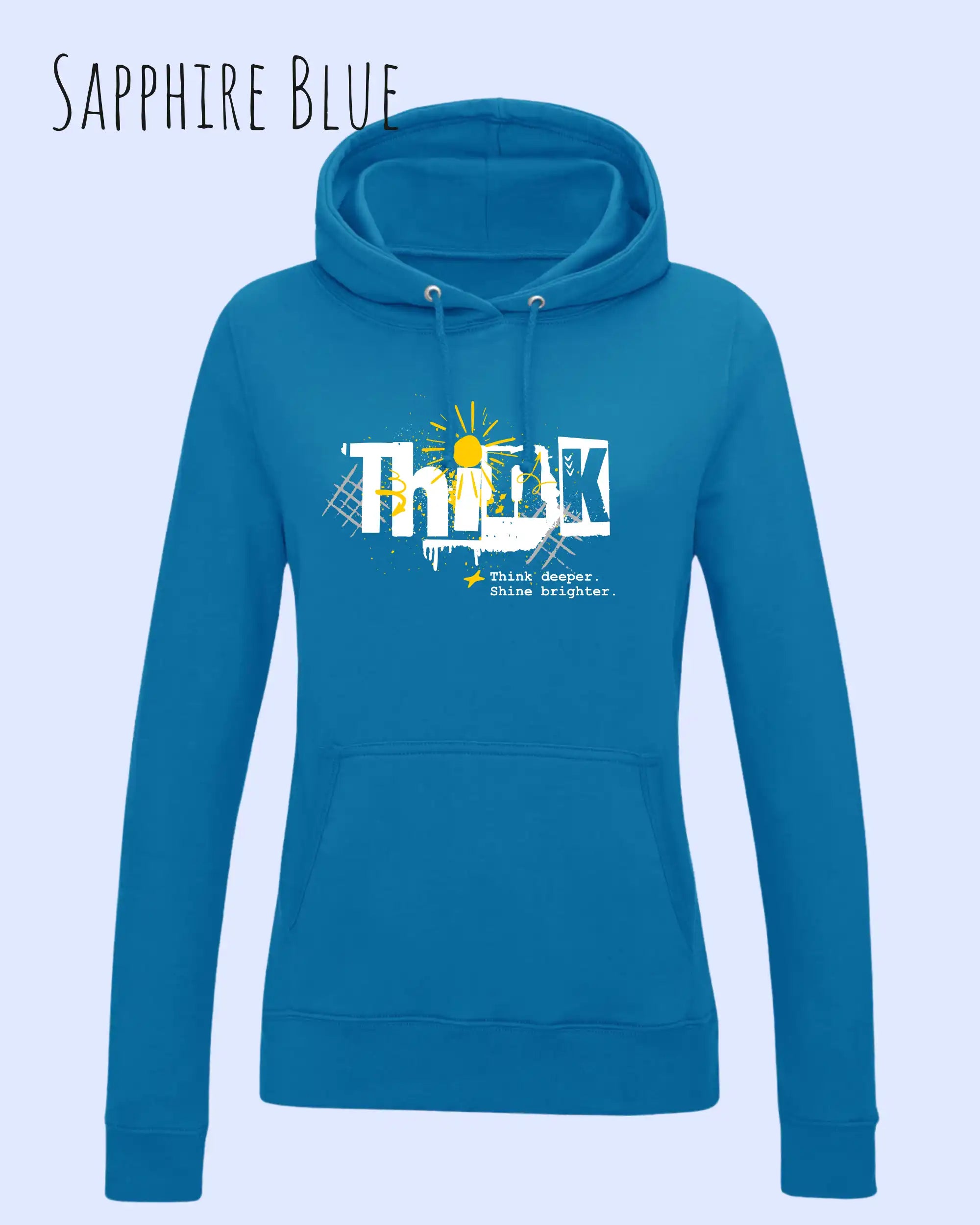 damen hoodie sapphire blue im feminine fit aus weicher baumwollmischung mit design think