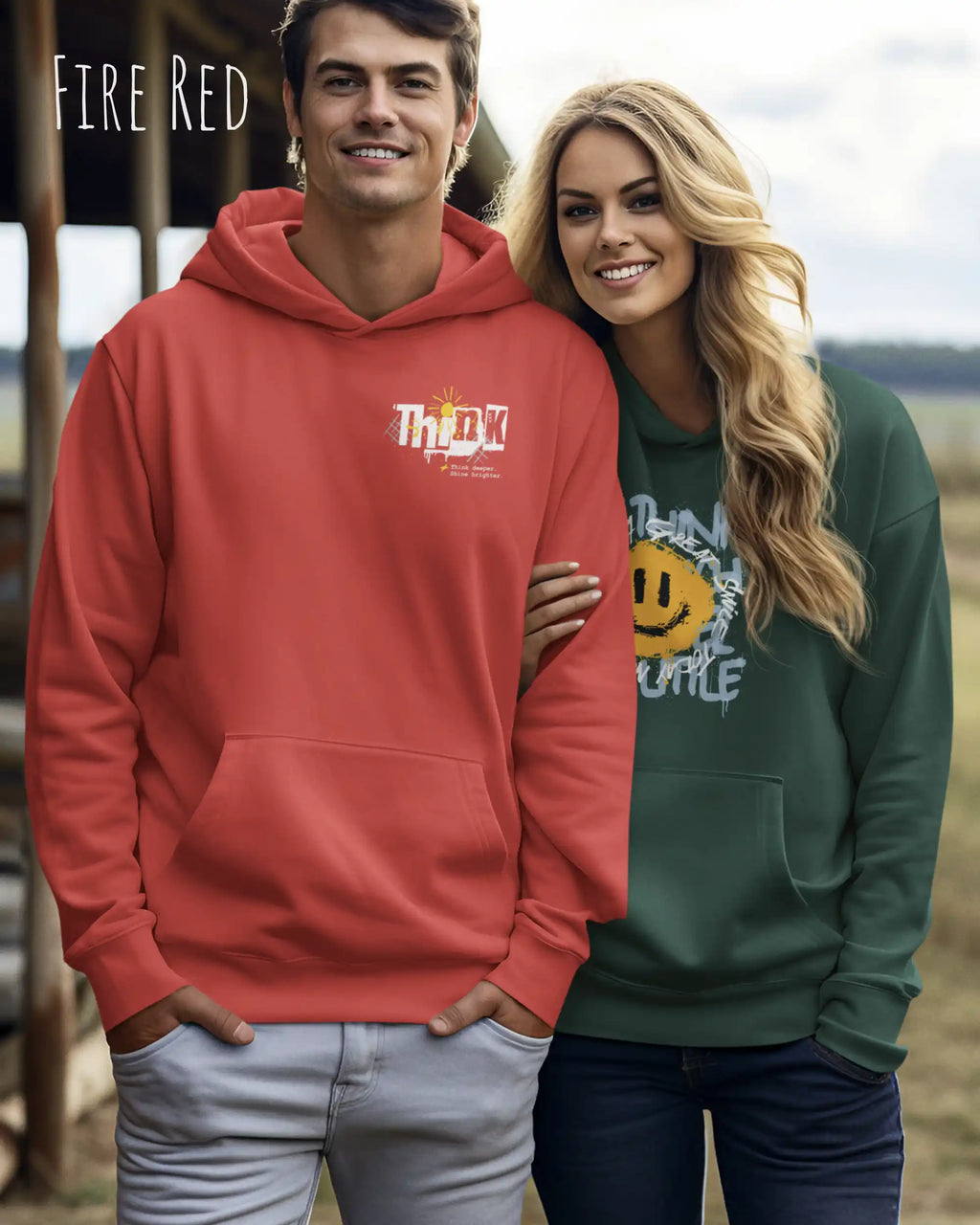 Mann trägt streetwear hoodie im oversize fit in farbe fired red mit think motiv alinks oben uf der Brust