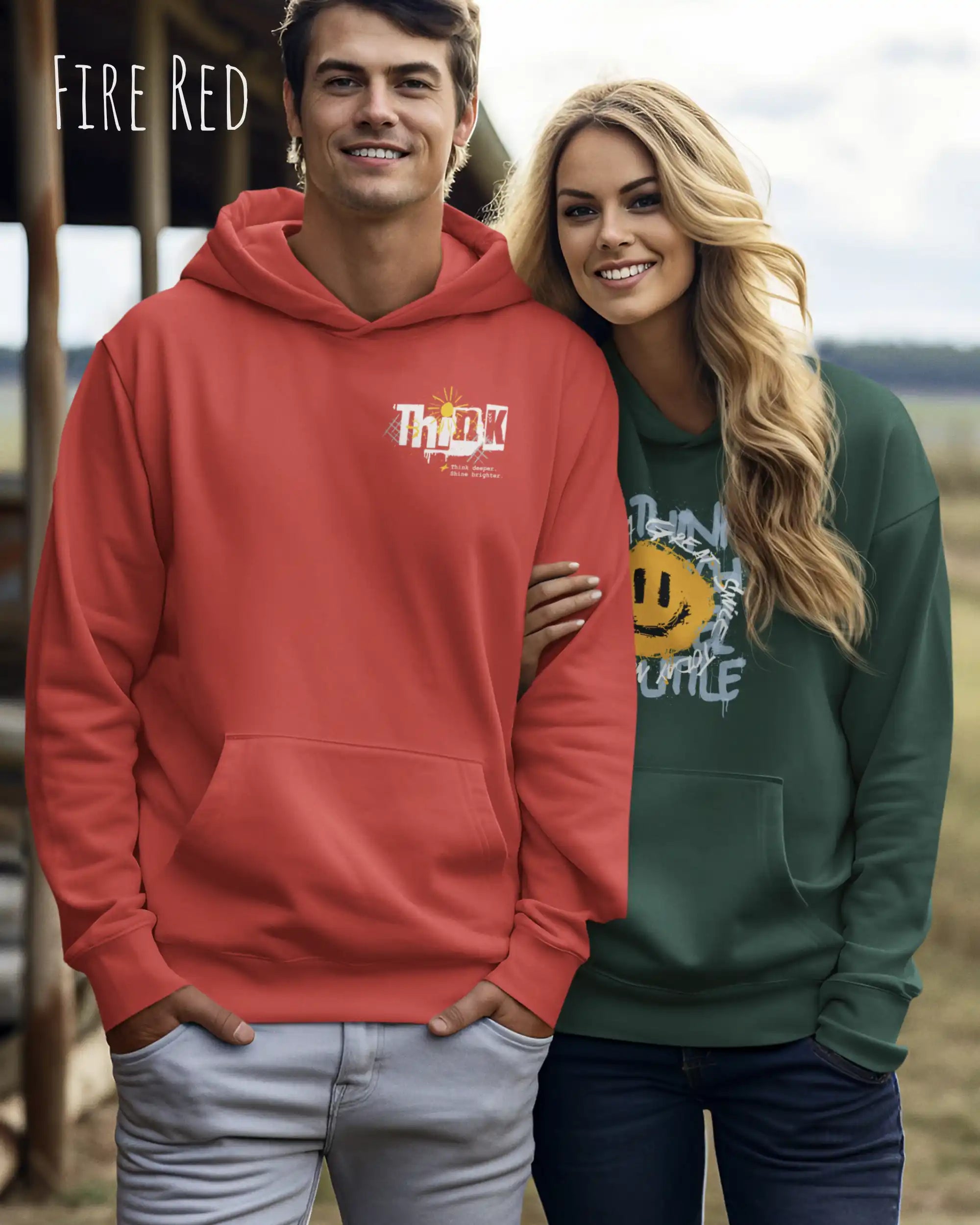 Mann trägt streetwear hoodie im oversize fit in farbe fired red mit think motiv alinks oben uf der Brust