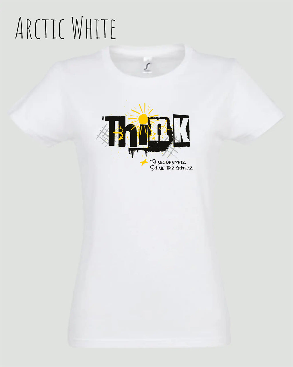 die Abbildung zeigt das design-t-shirt SOL’S Imperial Women 11502 in der farbe arctic white mit dem Motiv "think deeper shine brighter".