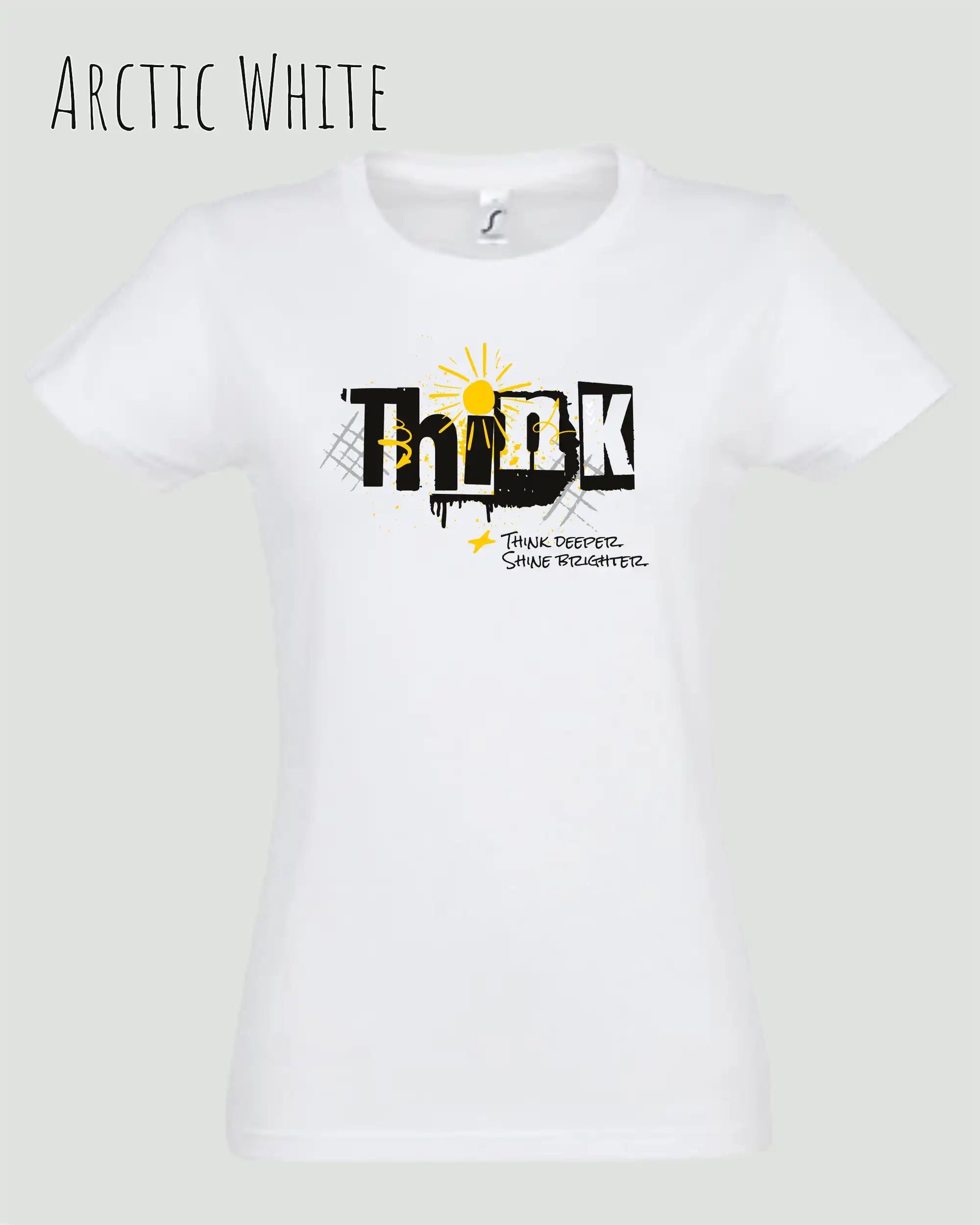 die Abbildung zeigt das design-t-shirt SOL’S Imperial Women 11502 in der farbe arctic white mit dem Motiv "think deeper shine brighter".