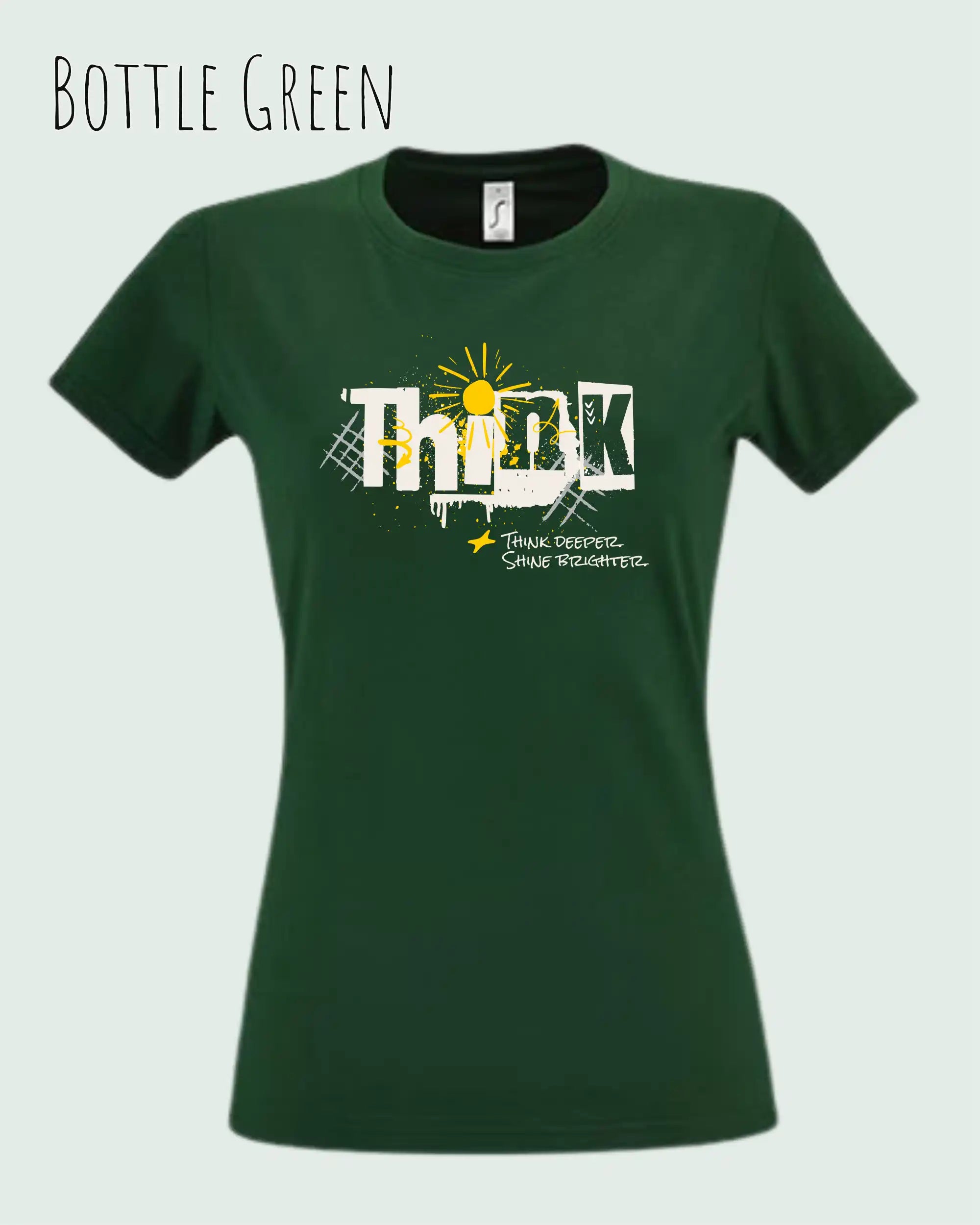 die Abbildung zeigt das design-t-shirt SOL’S Imperial Women 11502 in der farbe bottle green mit dem Motiv "think deeper shine brighter".