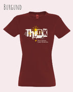 die Abbildung zeigt das design-t-shirt SOL’S Imperial Women 11502 in der farbe Burgund mit dem Motiv "think deeper shine brighter".