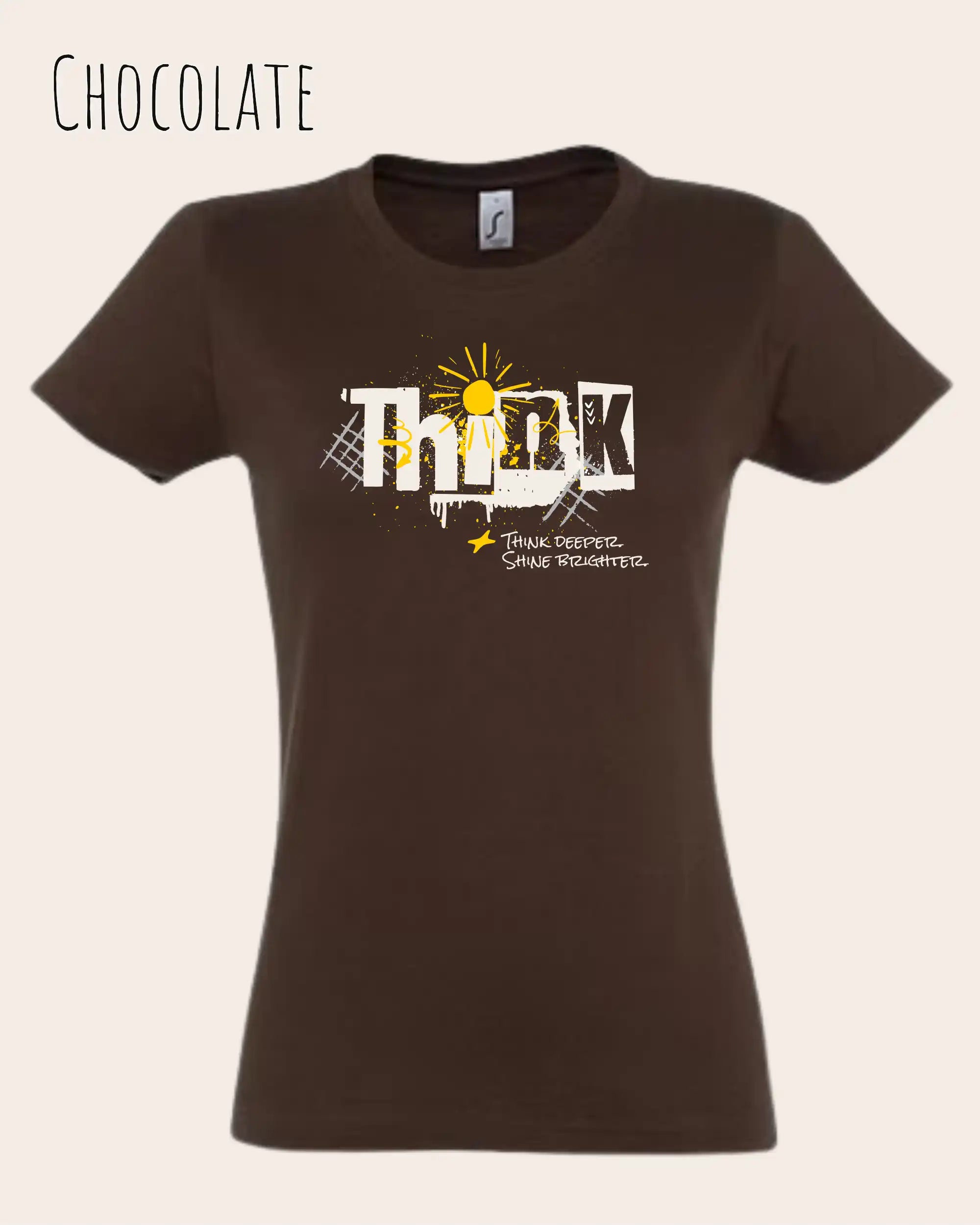 die Abbildung zeigt das design-t-shirt SOL’S Imperial Women 11502 in der farbe chocolate mit dem Motiv "think deeper shine brighter".