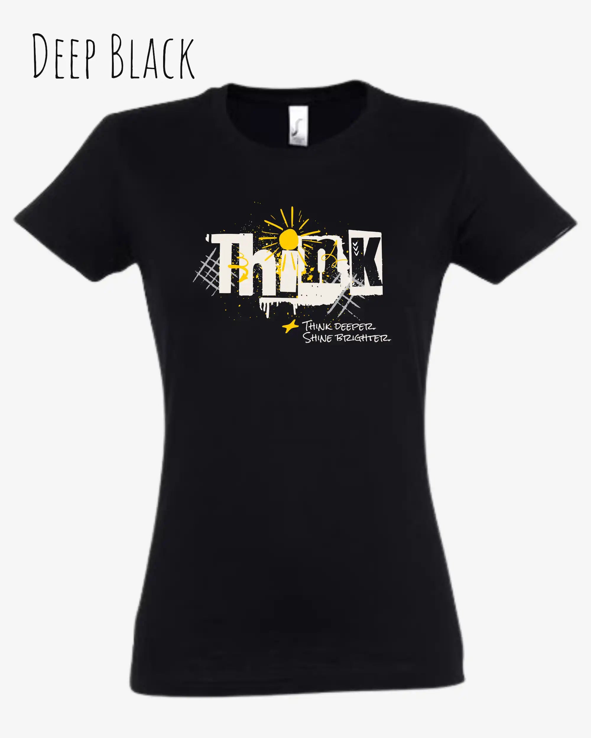 die Abbildung zeigt das design-t-shirt SOL’S Imperial Women 11502 in der farbe deep black mit dem Motiv "think deeper shine brighter".