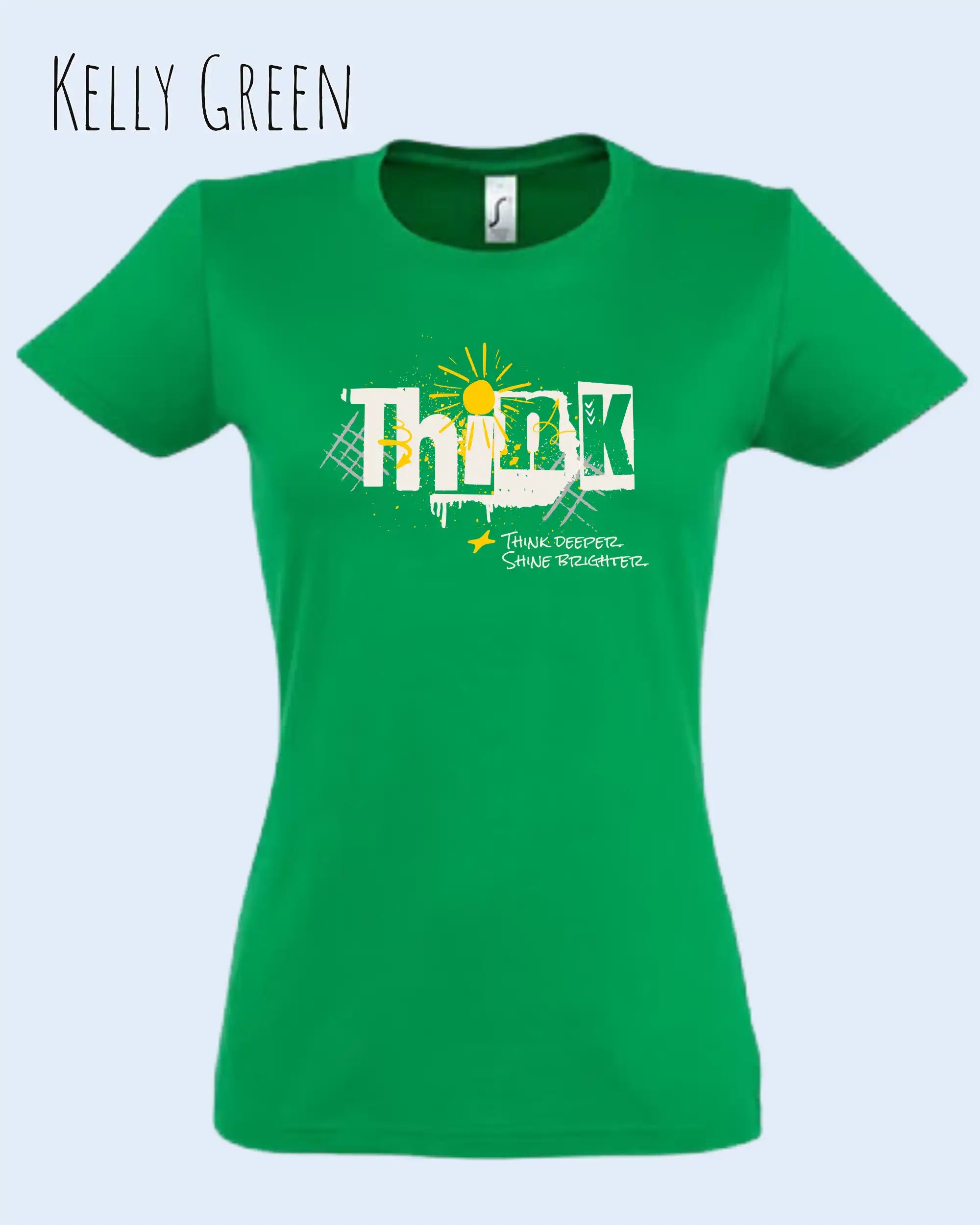 die Abbildung zeigt das design-t-shirt SOL’S Imperial Women 11502 in der farbe kelly green mit dem Motiv "think deeper shine brighter".