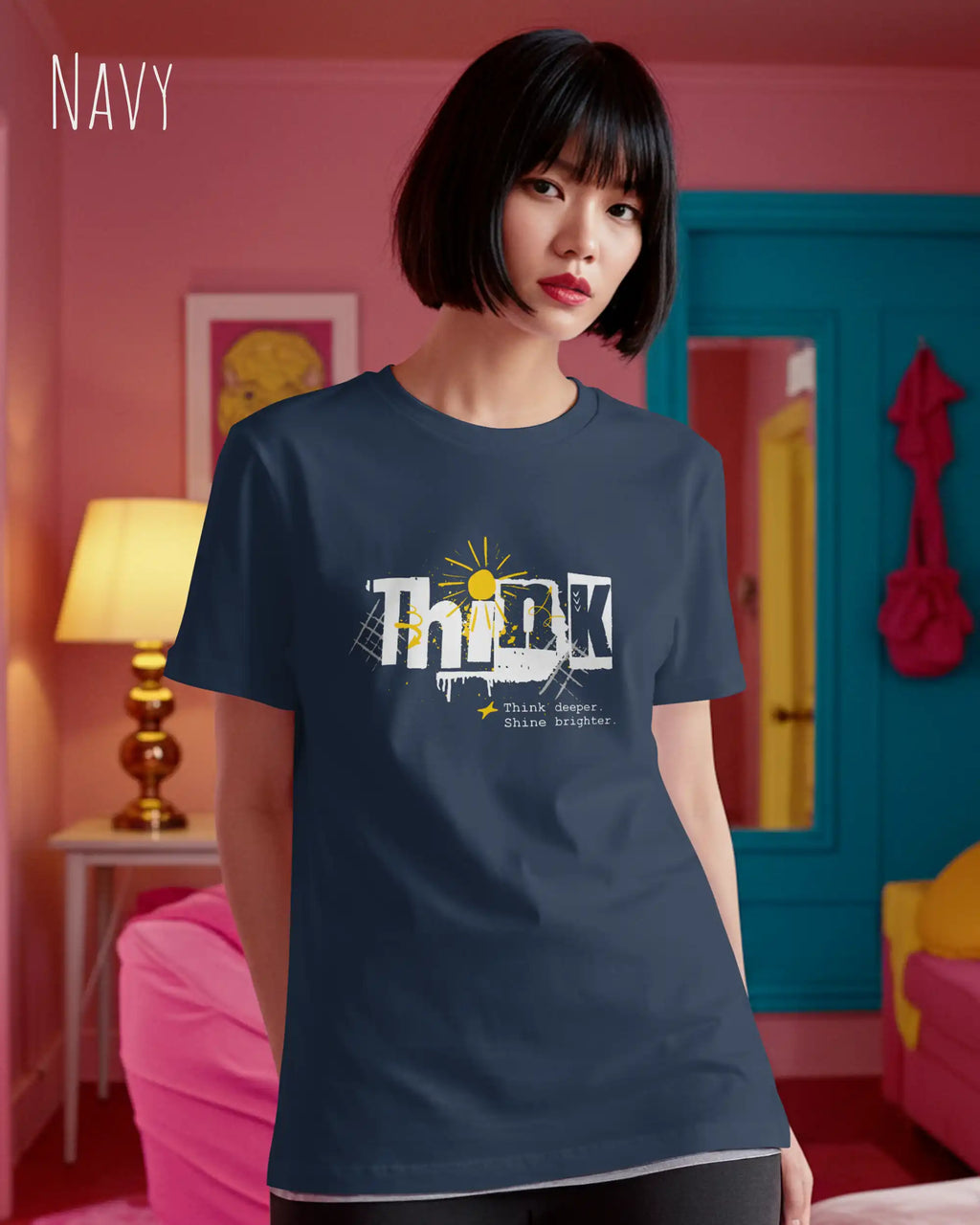 Frau trägt das Bio-Baumwolle T-Shirt Tee Jays Urban Luxury Tee 1150 in der Farbe navy mit dem Design THINK auf der Brust.