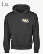 Das Bild zeigt das Tee Jays Heavy Loose Fit Hooded Sweatshirt 5162 in der Farbe Black mit dem Statement-Design Think.