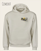 Das Bild zeigt das Tee Jays Heavy Loose Fit Hooded Sweatshirt 5162 in der Farbe Cement mit dem Statement-Design Think.