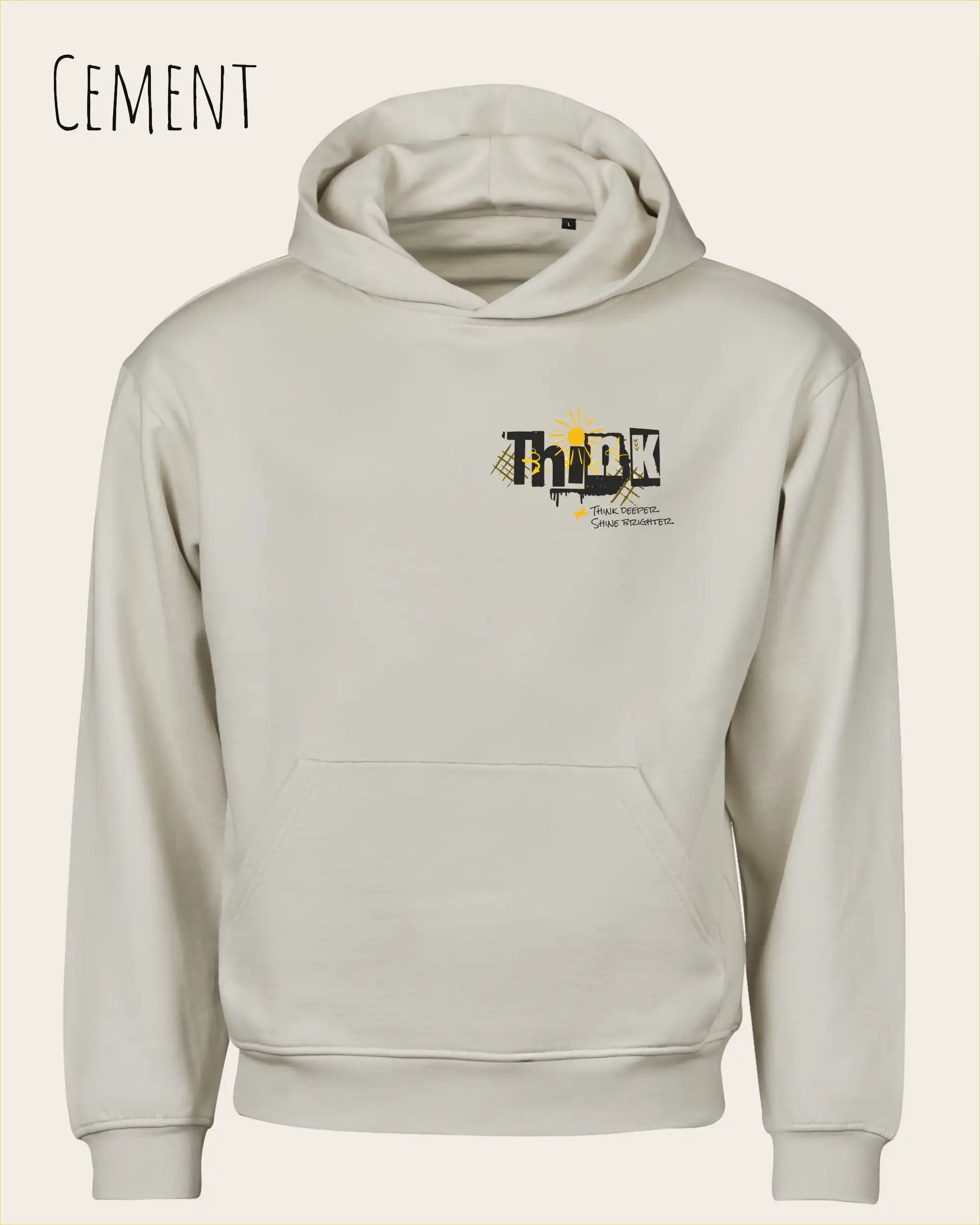 Das Bild zeigt das Tee Jays Heavy Loose Fit Hooded Sweatshirt 5162 in der Farbe Cement mit dem Statement-Design Think.