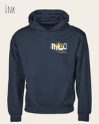 Das Bild zeigt das Tee Jays Heavy Loose Fit Hooded Sweatshirt 5162 in der Farbe Ink mit dem Statement-Design Think.