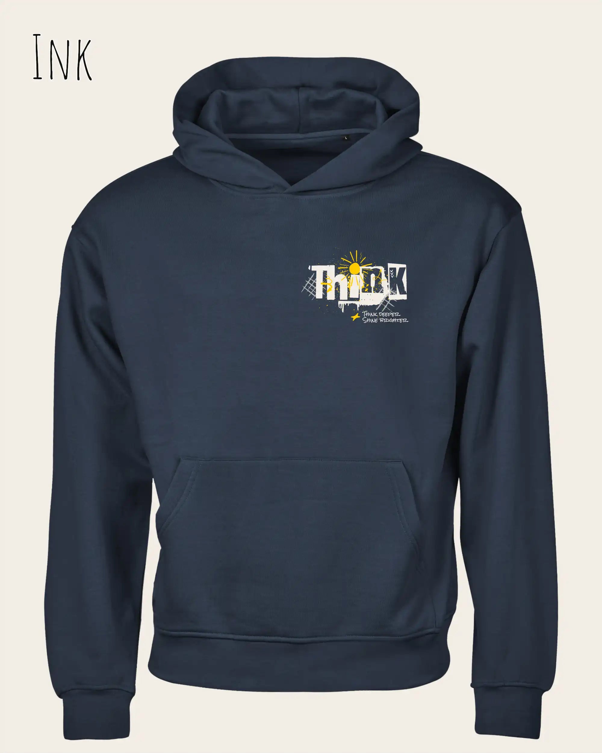 Das Bild zeigt das Tee Jays Heavy Loose Fit Hooded Sweatshirt 5162 in der Farbe Ink mit dem Statement-Design Think.