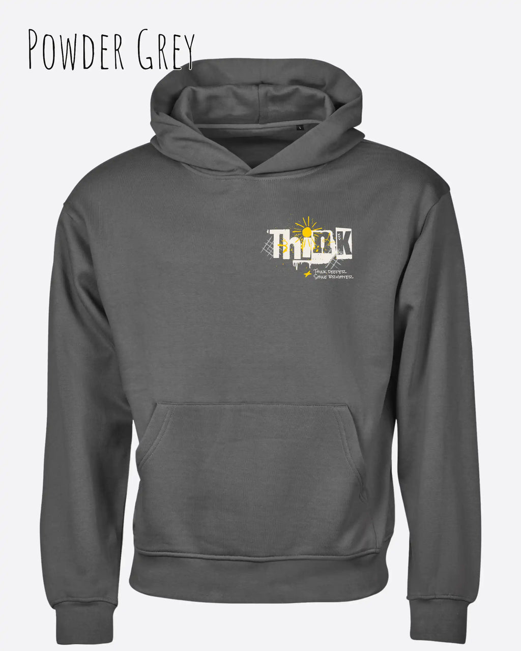 Das Bild zeigt das Tee Jays Heavy Loose Fit Hooded Sweatshirt 5162 in der Farbe Powder Grey mit dem Statement-Design Think.