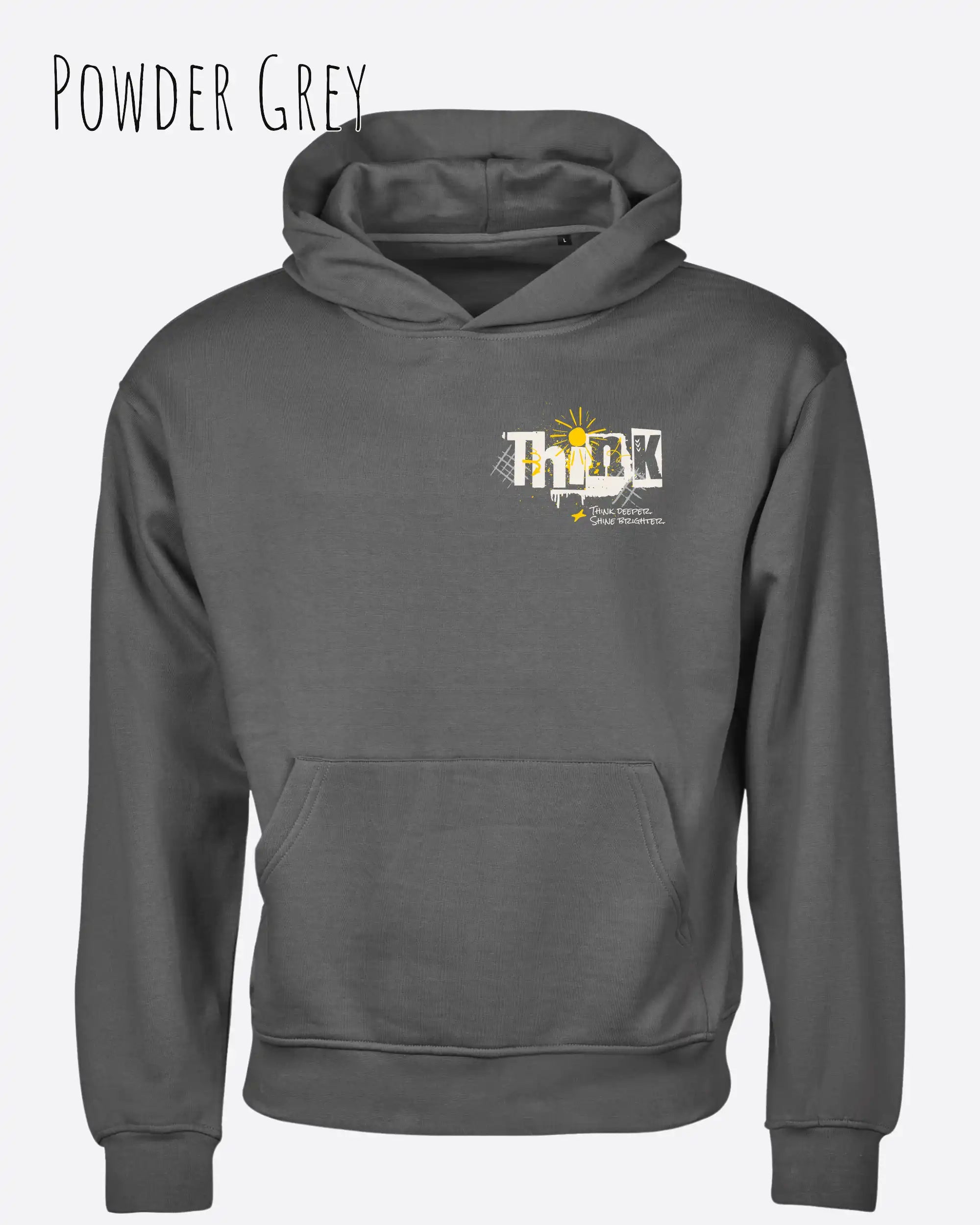 Das Bild zeigt das Tee Jays Heavy Loose Fit Hooded Sweatshirt 5162 in der Farbe Powder Grey mit dem Statement-Design Think.