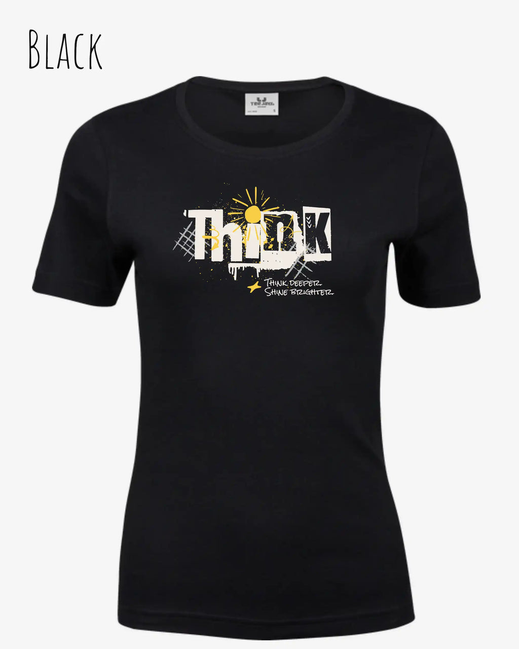 Die Abbildung zeigt ein feminines Grafik t-shirt in black  und mit dem Statement-design think deeper.
