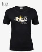 Die Abbildung zeigt ein feminines Grafik t-shirt in black  und mit dem Statement-design think deeper.