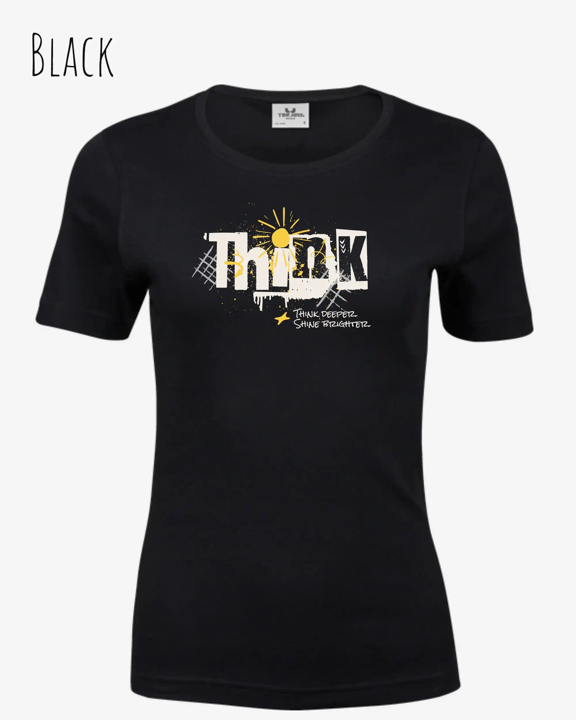 Die Abbildung zeigt ein feminines Grafik t-shirt in black  und mit dem Statement-design think deeper.