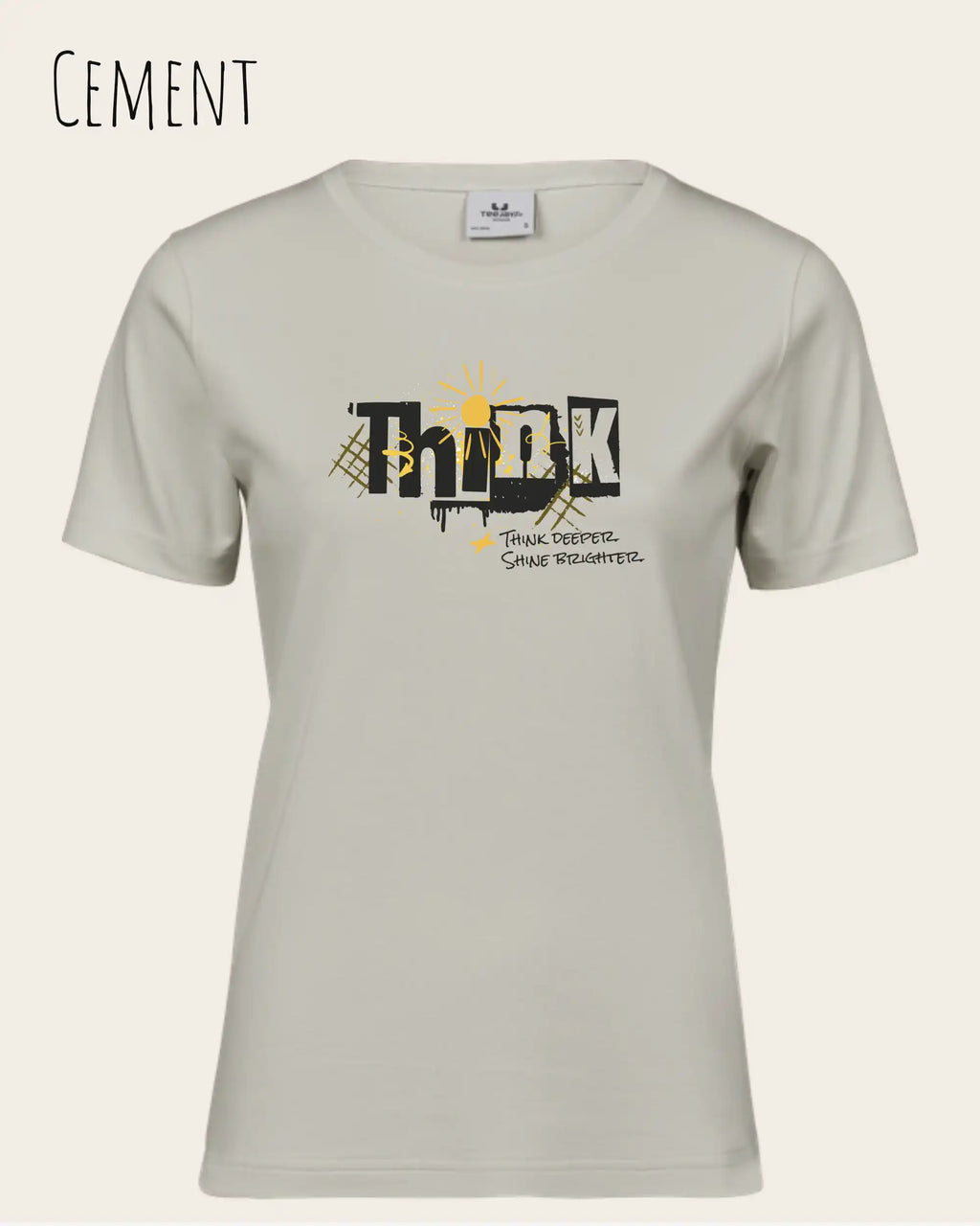 Die Abbildung zeigt ein feminines Grafik t-shirt in der farbe cement und mit dem Statement-design think deeper trägt.