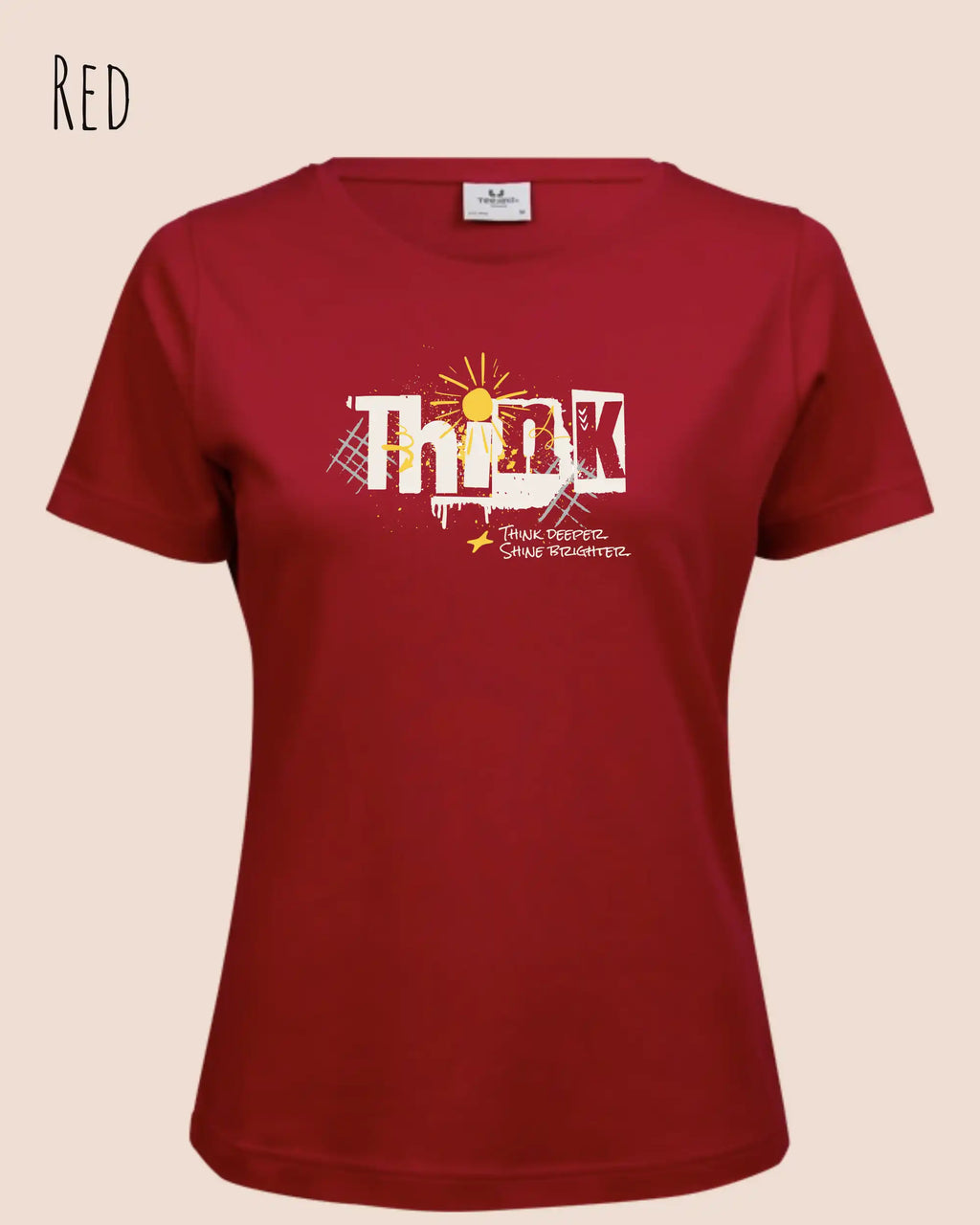 Die Abbildung zeigt ein feminines Grafik t-shirt in der farbe red und mit dem Statement-design think deeper trägt.
