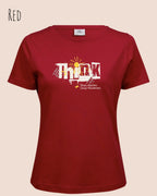 Die Abbildung zeigt ein feminines Grafik t-shirt in der farbe red und mit dem Statement-design think deeper trägt.