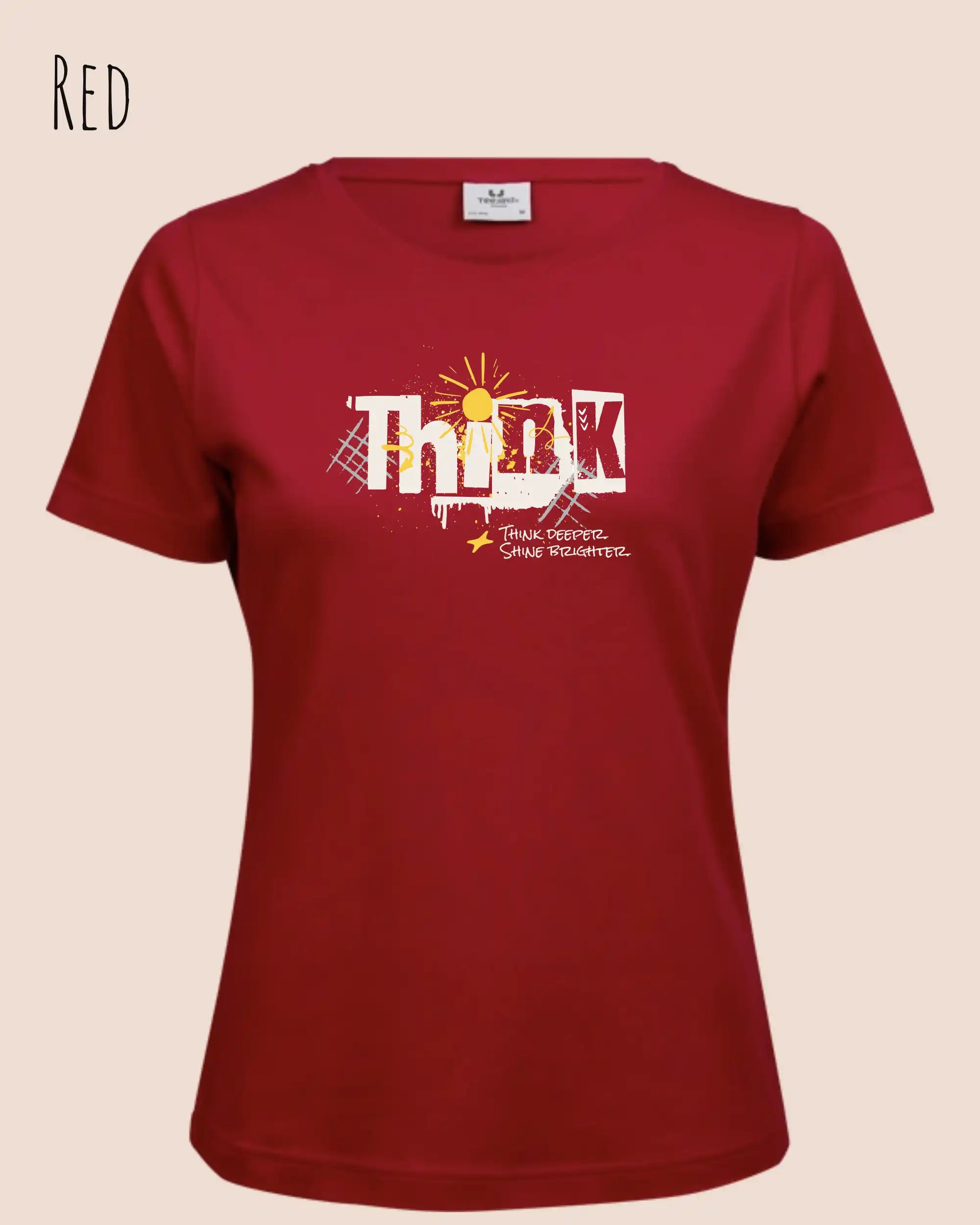 Die Abbildung zeigt ein feminines Grafik t-shirt in der farbe red und mit dem Statement-design think deeper trägt.