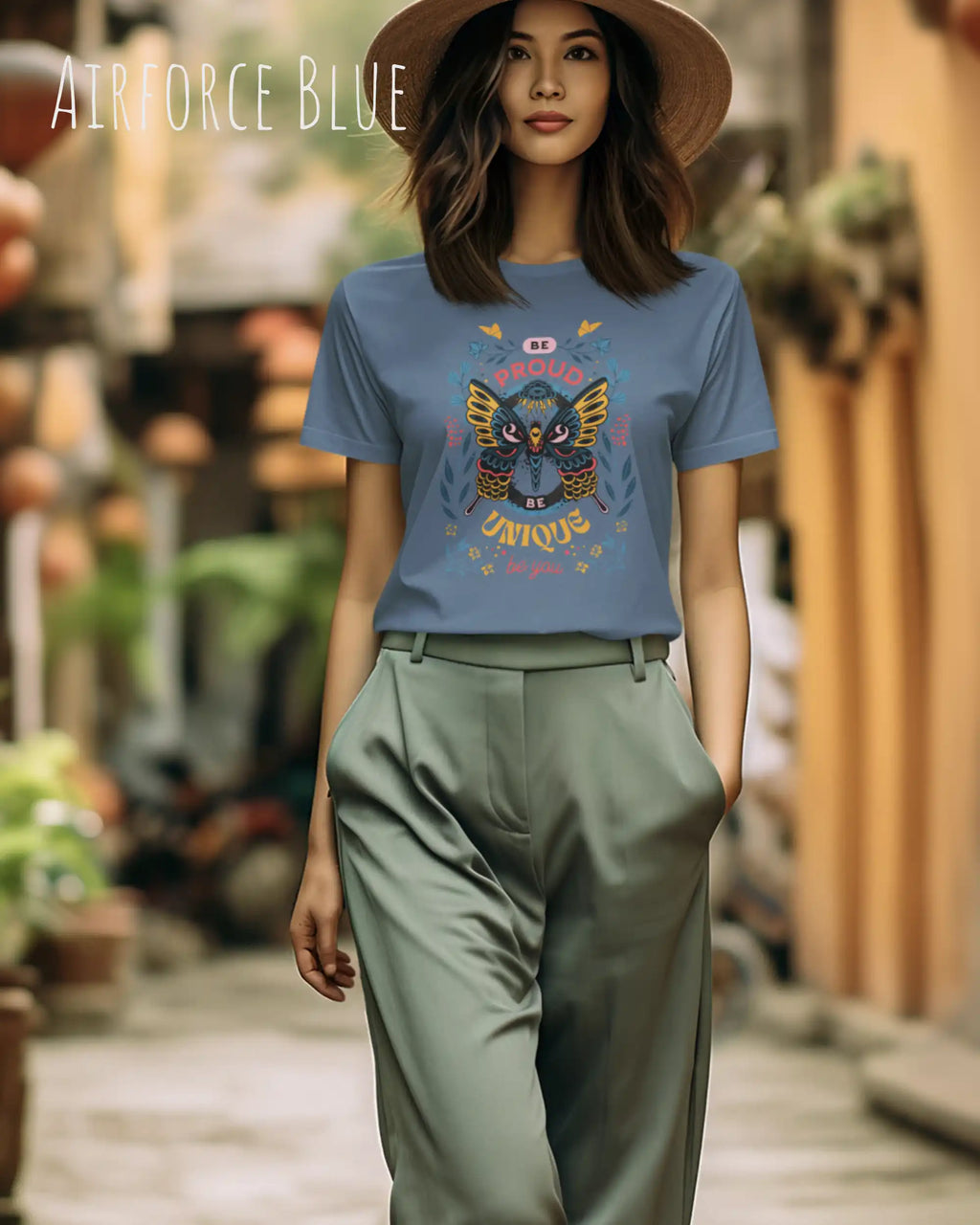 frau trägt leichtes sommer t shirt aus baumwolle in farbe airforce blue mit be proud motiv auf der brust