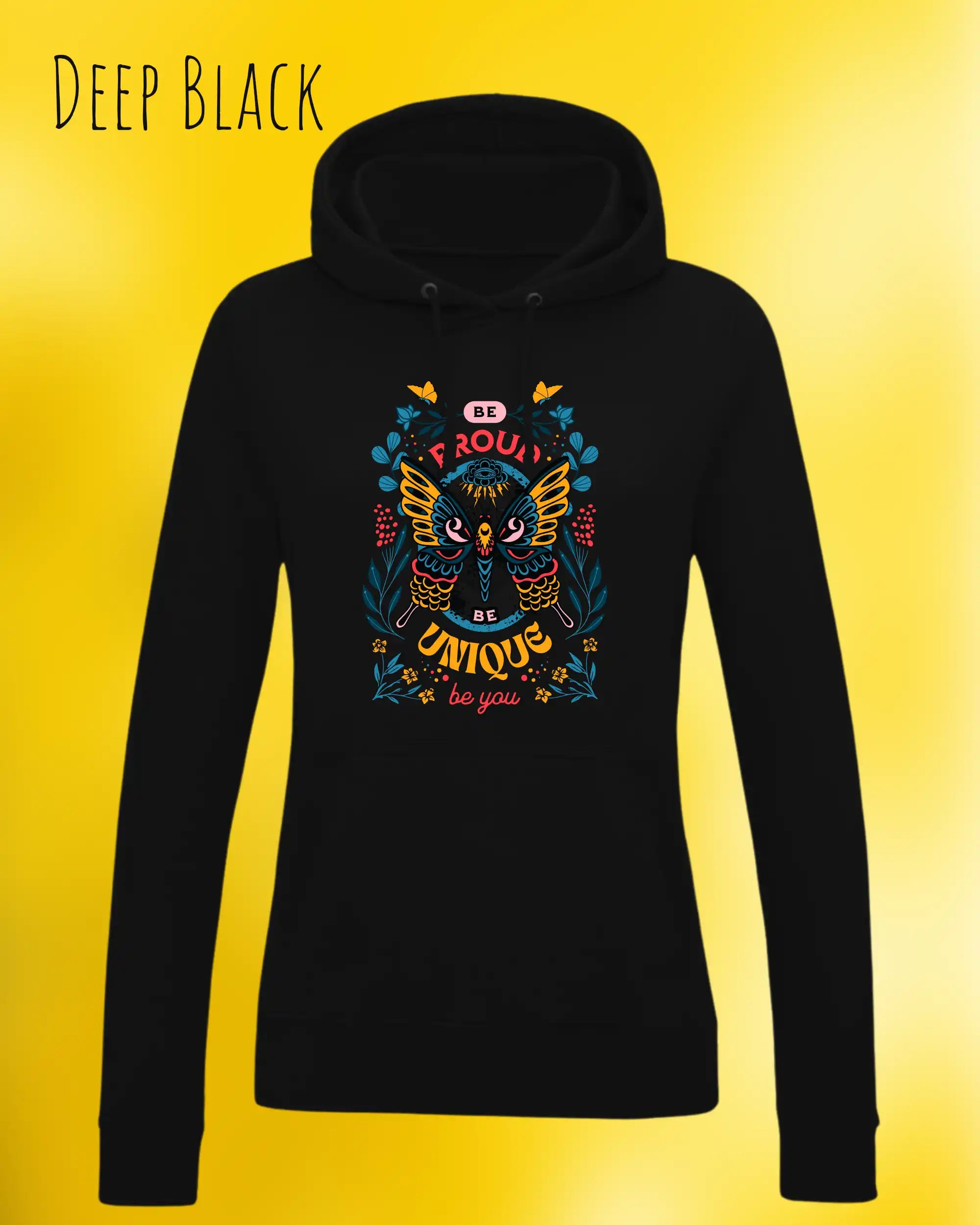 damen hoodie deep black im feminine fit aus weicher baumwollmischung mit design be proud