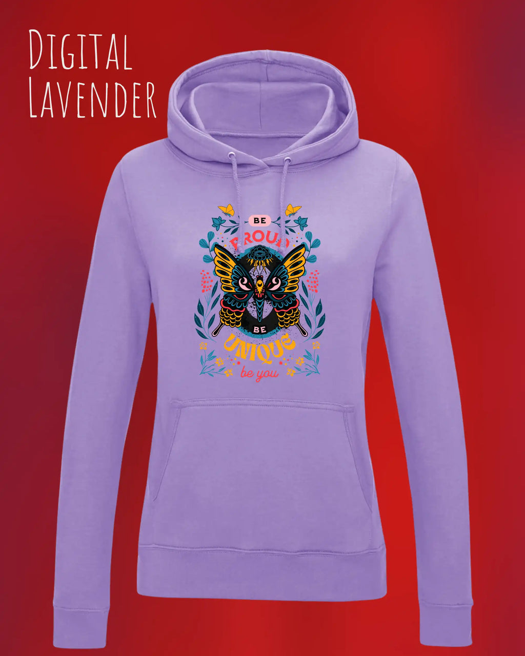 damen hoodie digital lavender im feminine fit aus weicher baumwollmischung mit design be proud