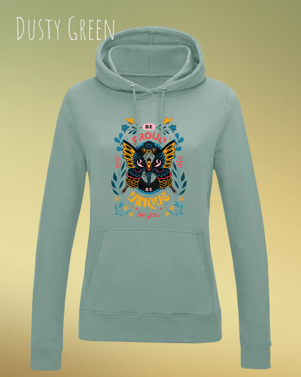 damen hoodie dusty green im feminine fit aus weicher baumwollmischung mit design be proud