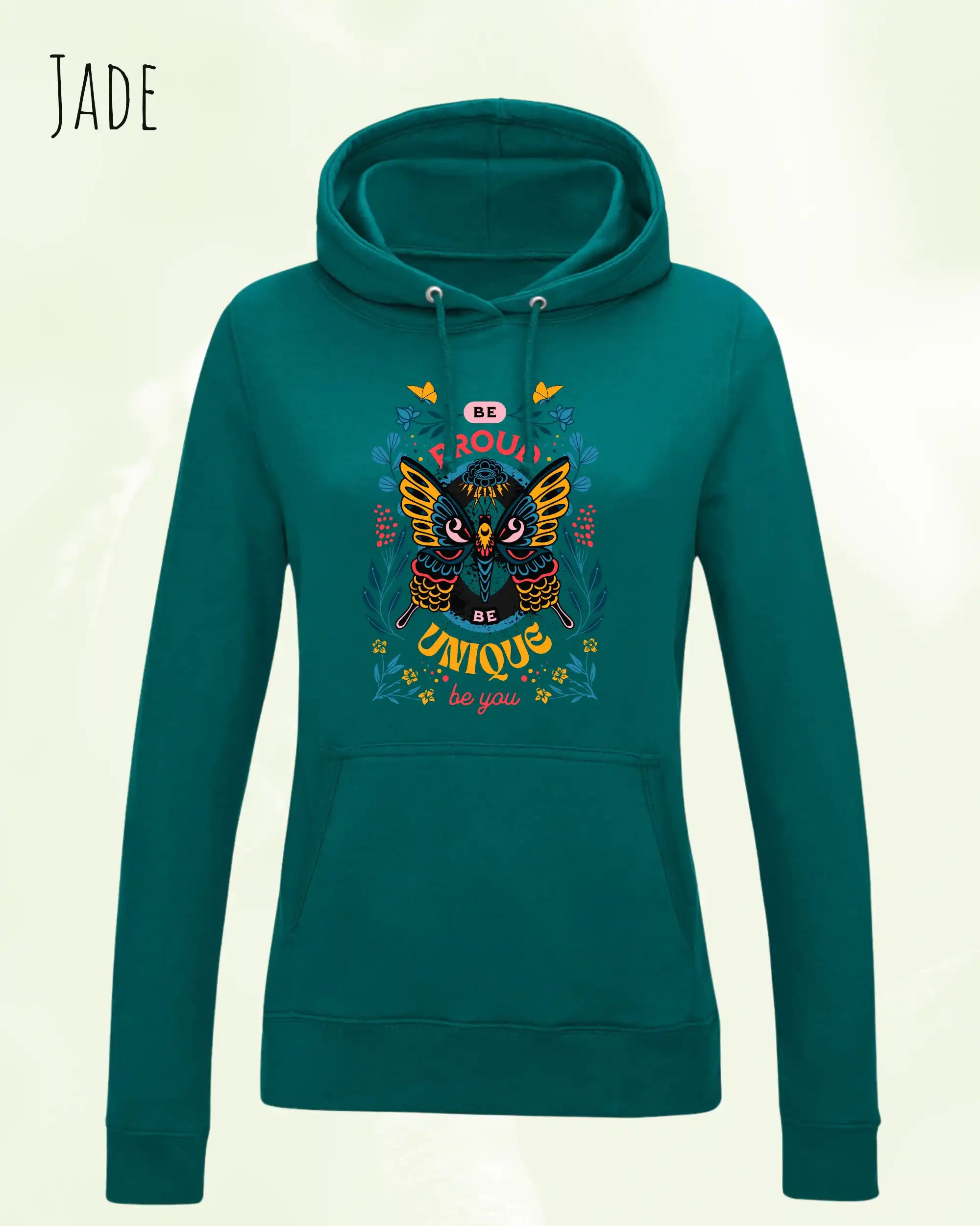 damen hoodie jade im feminine fit aus weicher baumwollmischung mit design be proud