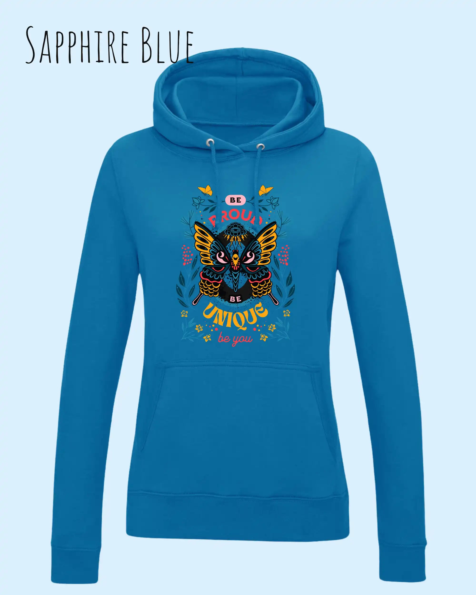 damen hoodie sapphire blue im feminine fit aus weicher baumwollmischung mit design be proud