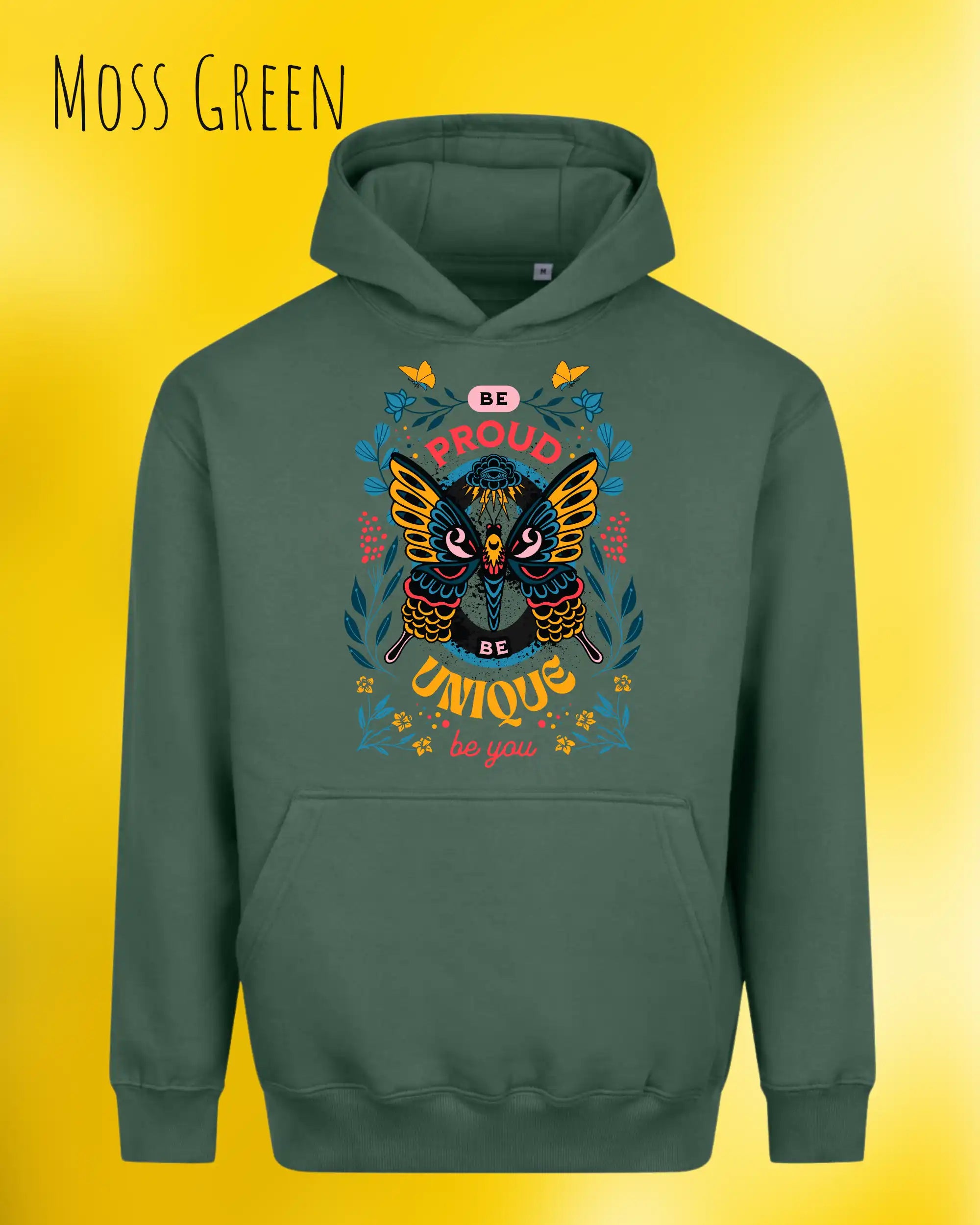 unisex streetwear hoodie moss green im oversize fit mit design be proud