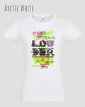 die Abbildung zeigt das design-t-shirt SOL’S Imperial Women 11502 in der farbe arctic white mit dem Motiv "this shirt is louder ...".