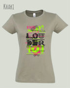 die Abbildung zeigt das design-t-shirt SOL’S Imperial Women 11502 in der farbe khaki mit dem Motiv "this shirt is louder ...".