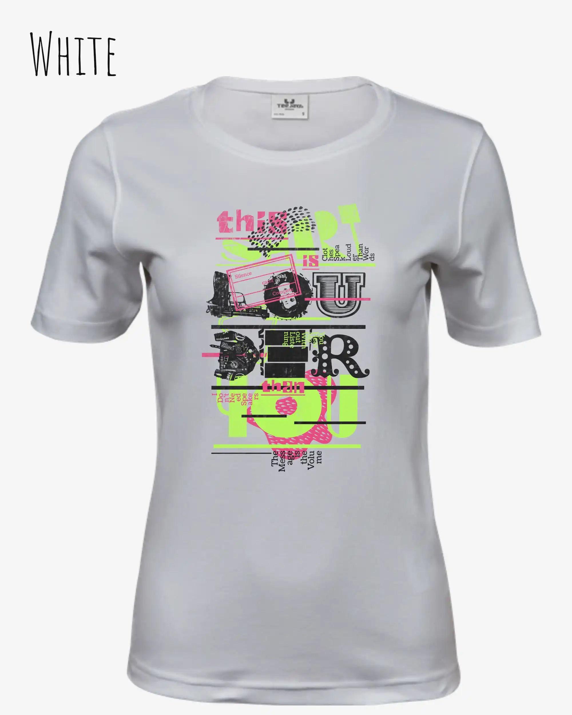 das bild zeigt das T-Shirt Tee Jays Women's Interlock Tee STYLE 580 in der farbe white mit dem design "this shirt is louder than you".