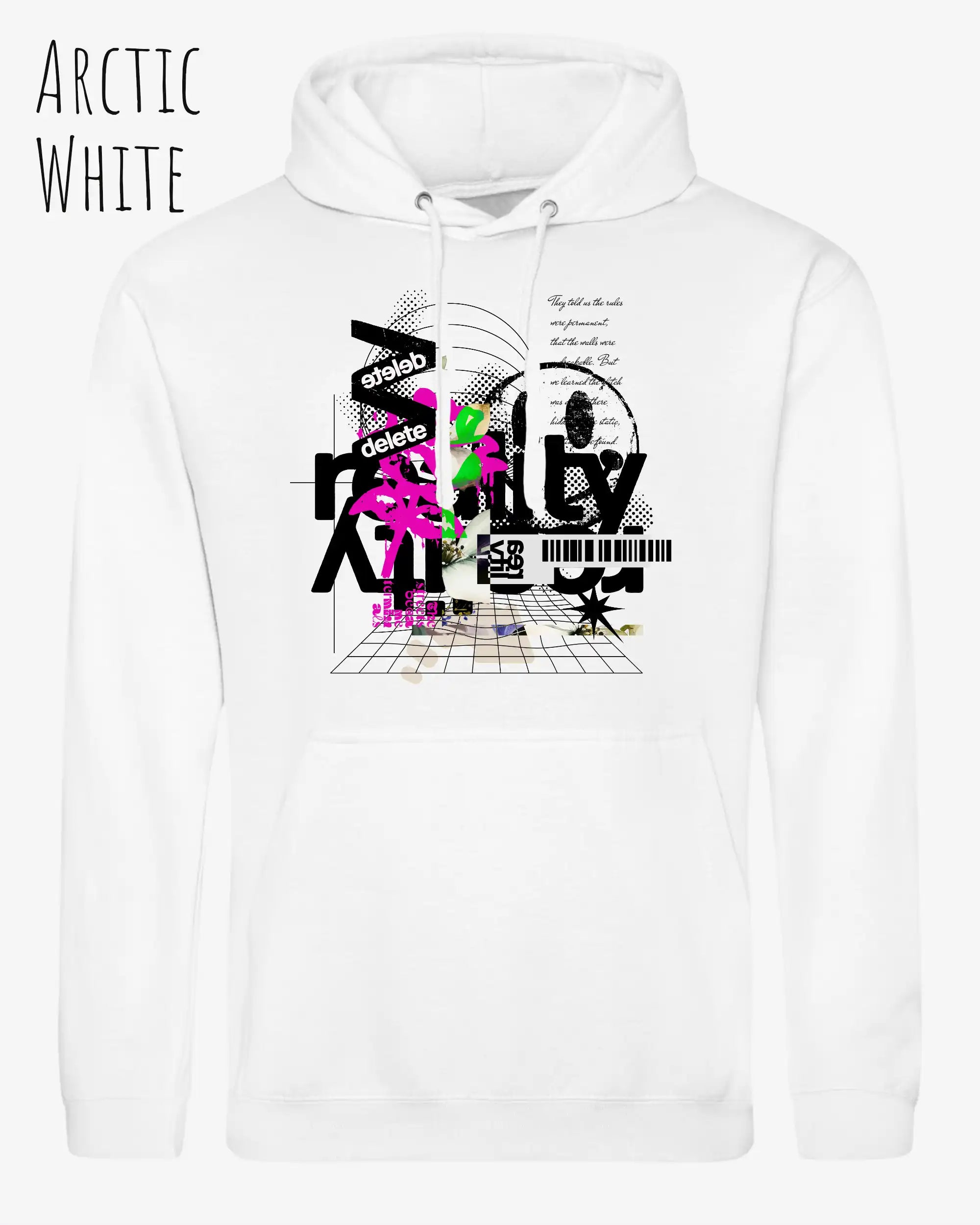 unisex basic hoodie arctic white aus weicher baumwollmischung mit delete reality design
